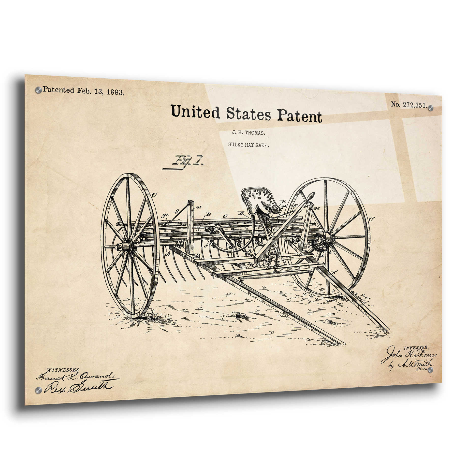 Epic Art 'Horse Drawn Hay Rake Blueprint Patent Parchment,' Acrylic Glass Wall Art,36x24