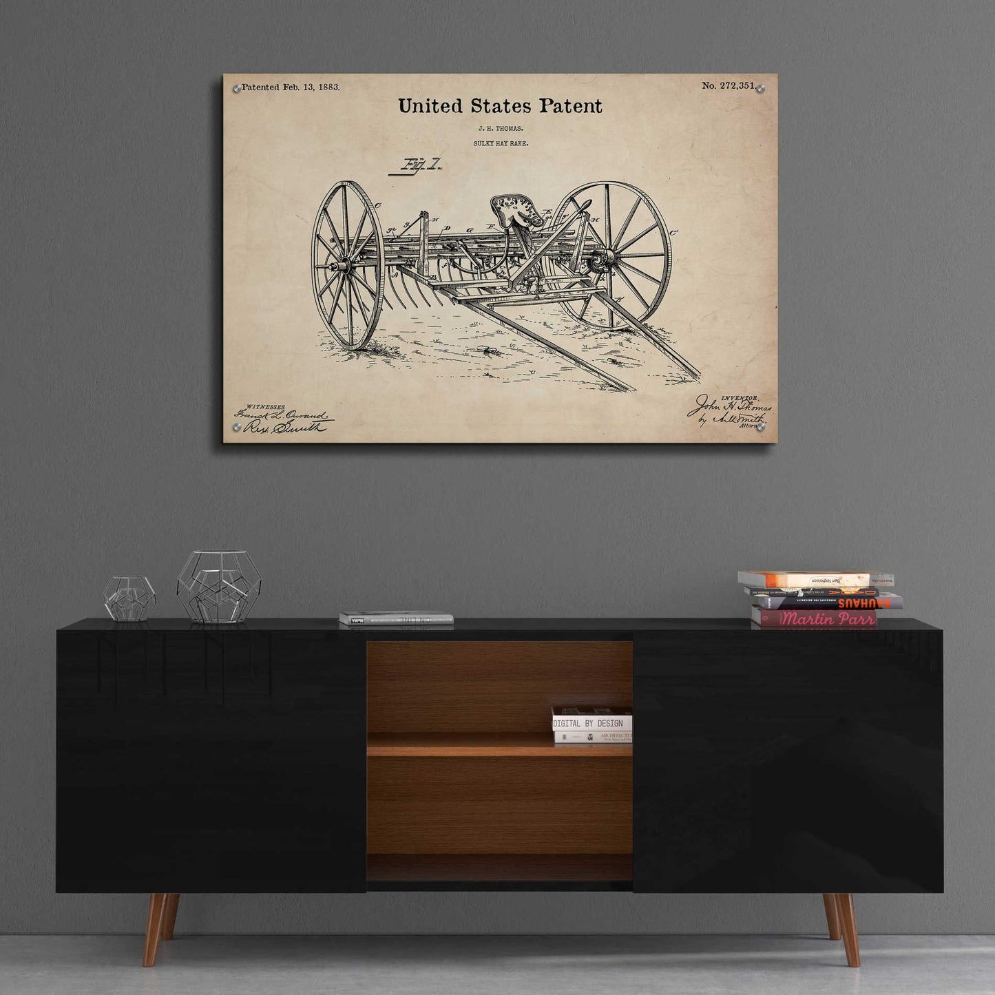 Epic Art 'Horse Drawn Hay Rake Blueprint Patent Parchment,' Acrylic Glass Wall Art,36x24