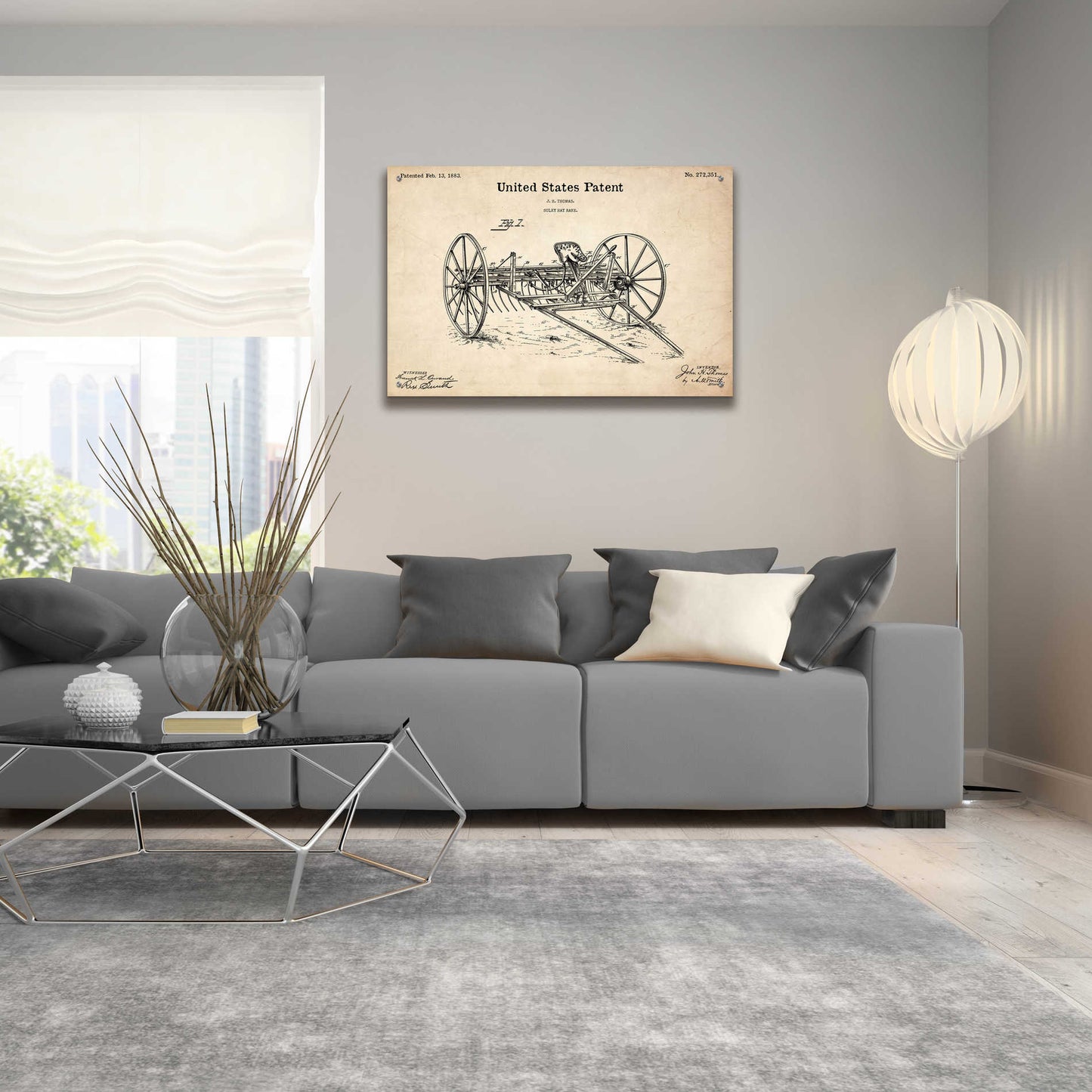 Epic Art 'Horse Drawn Hay Rake Blueprint Patent Parchment,' Acrylic Glass Wall Art,36x24