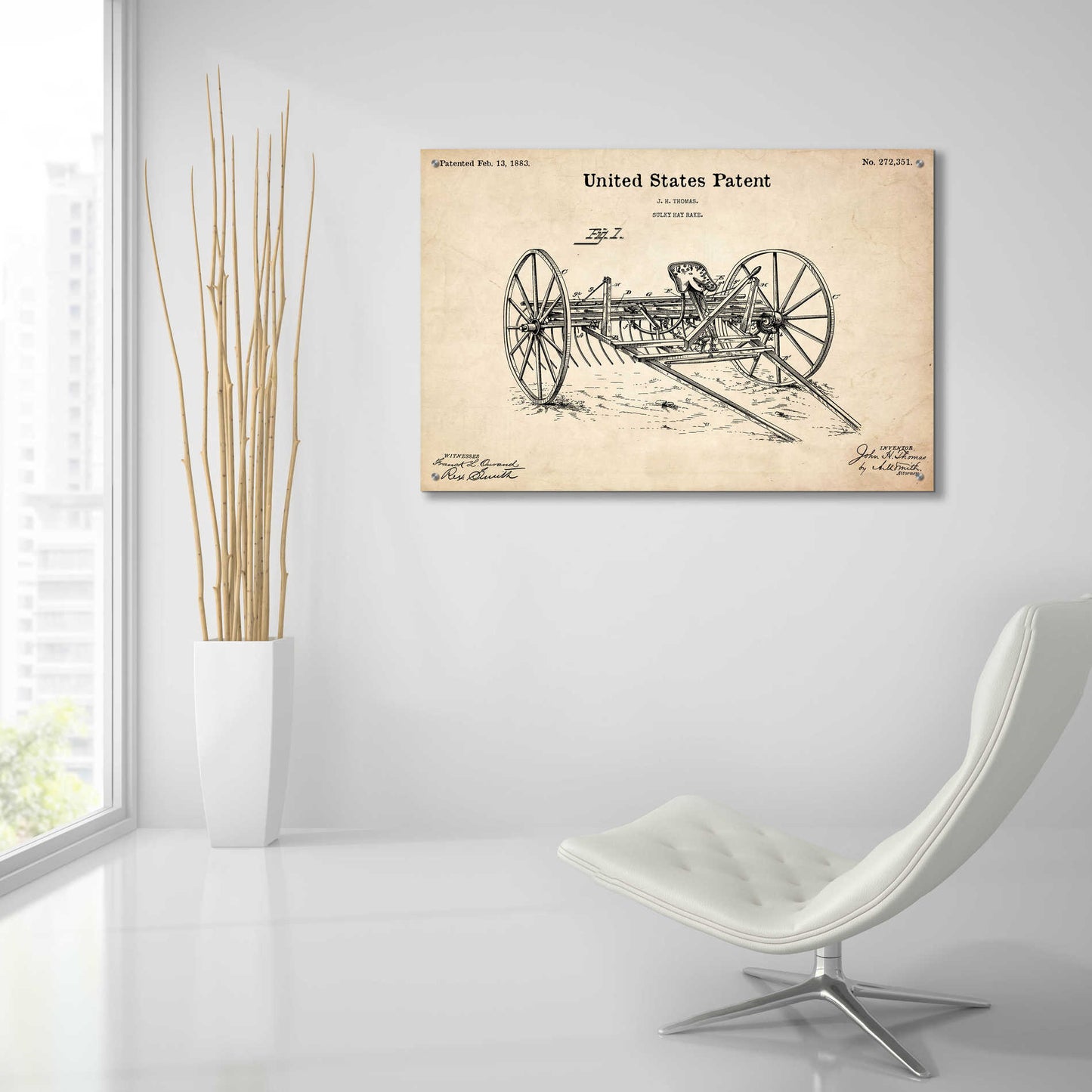 Epic Art 'Horse Drawn Hay Rake Blueprint Patent Parchment,' Acrylic Glass Wall Art,36x24