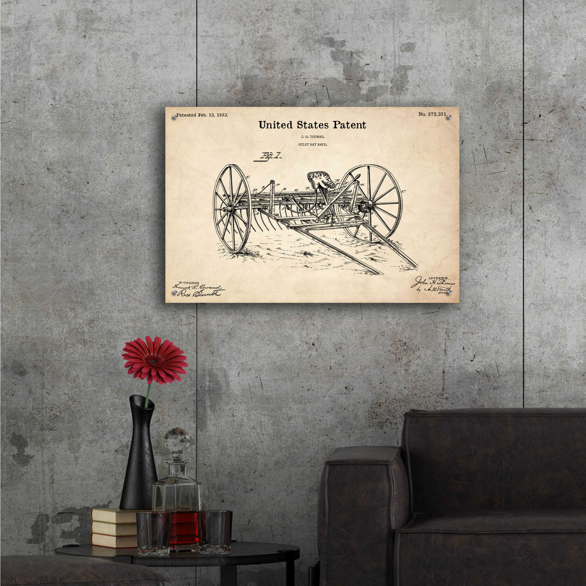 Epic Art 'Horse Drawn Hay Rake Blueprint Patent Parchment,' Acrylic Glass Wall Art,36x24