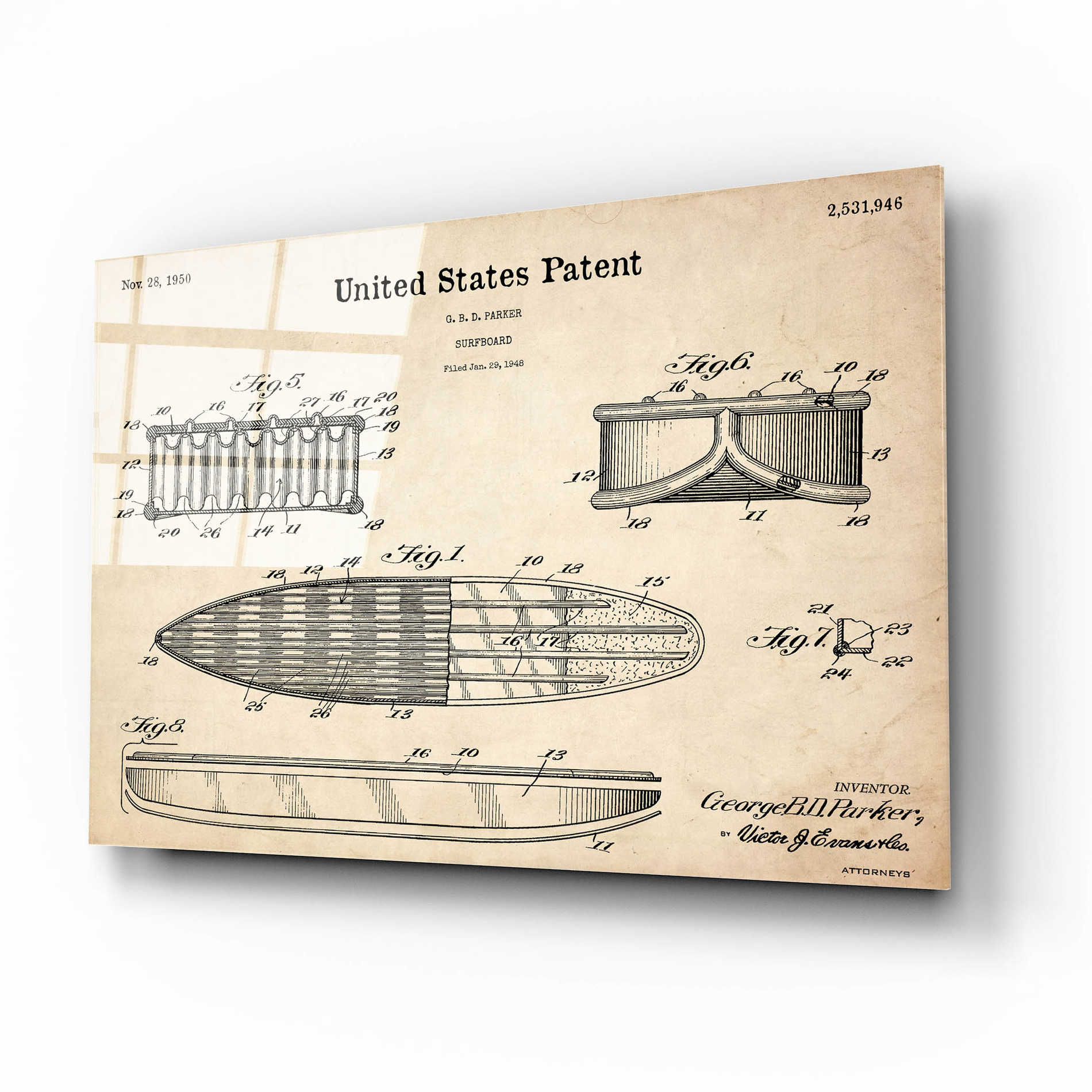 Epic Art 'Surfboard Blueprint Patent Parchment,' Acrylic Glass Wall Art,16x12