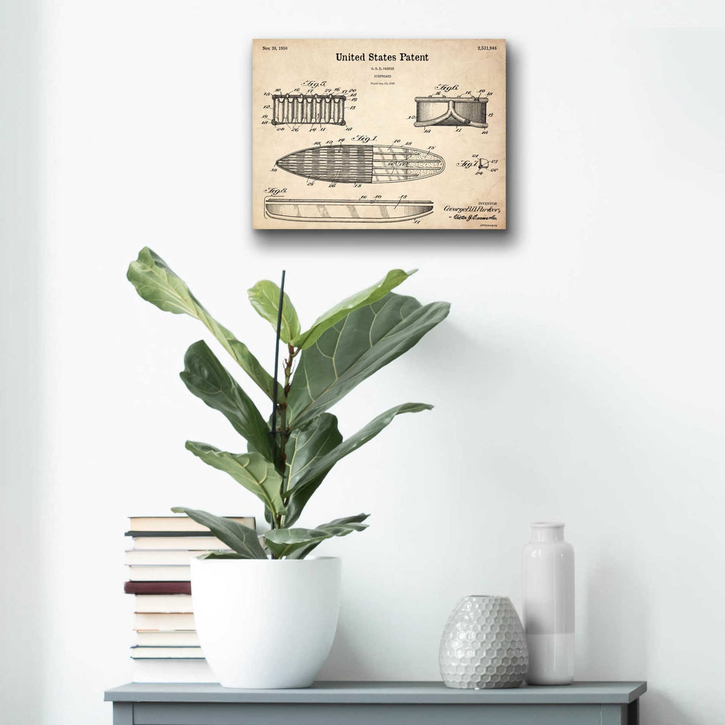 Epic Art 'Surfboard Blueprint Patent Parchment,' Acrylic Glass Wall Art,16x12