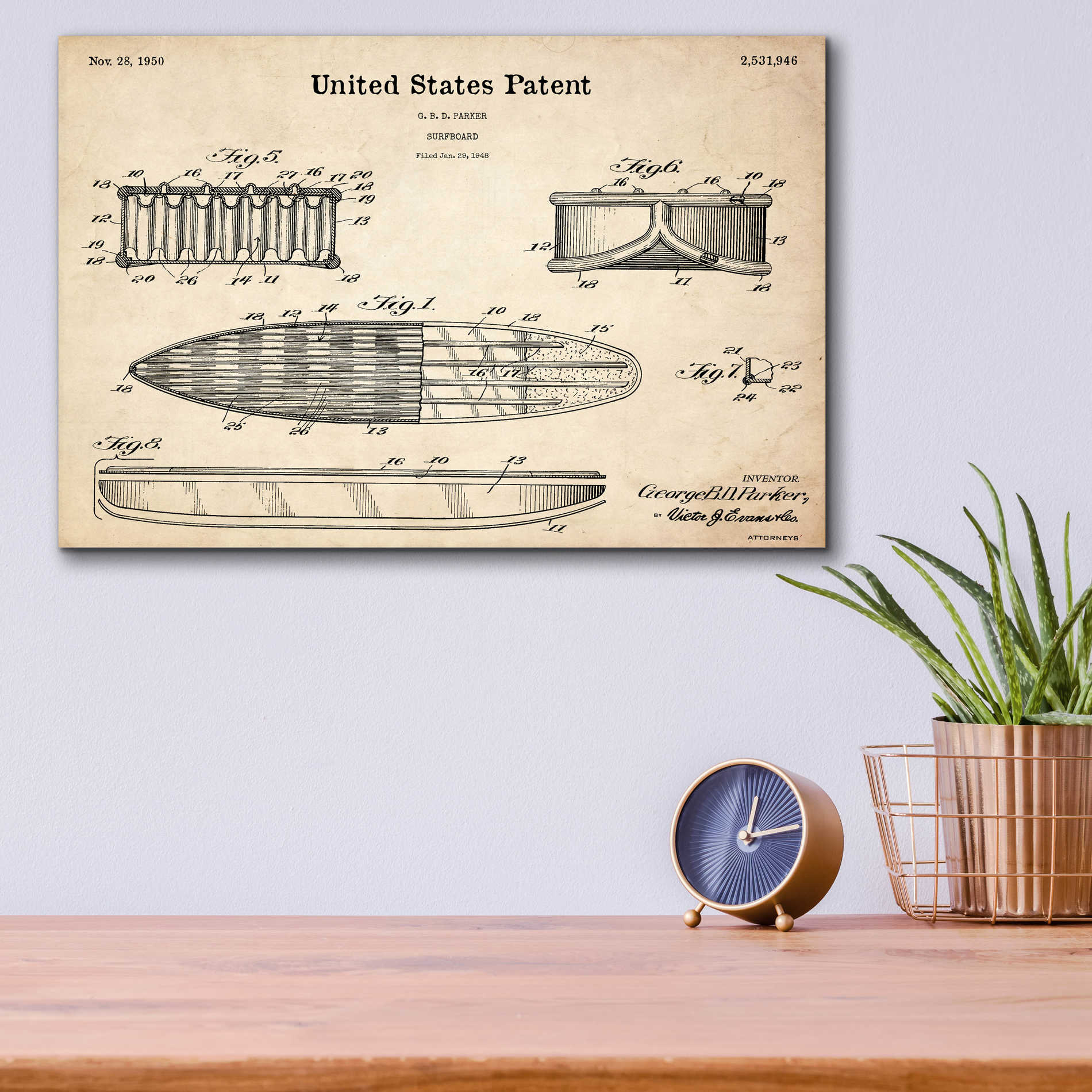 Epic Art 'Surfboard Blueprint Patent Parchment,' Acrylic Glass Wall Art,16x12