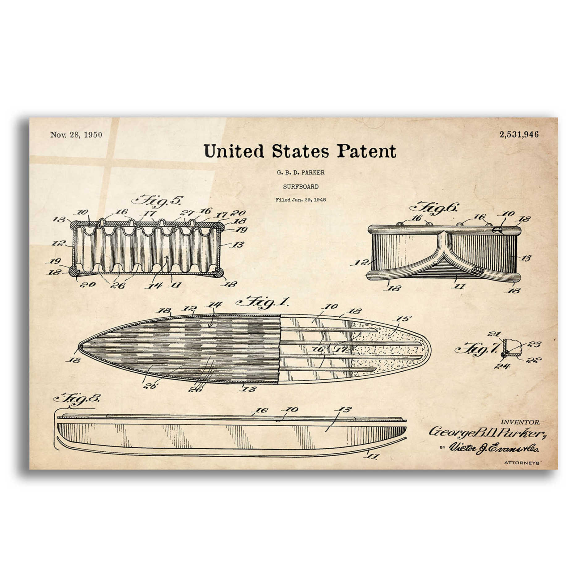 Epic Art 'Surfboard Blueprint Patent Parchment,' Acrylic Glass Wall Art,16x12