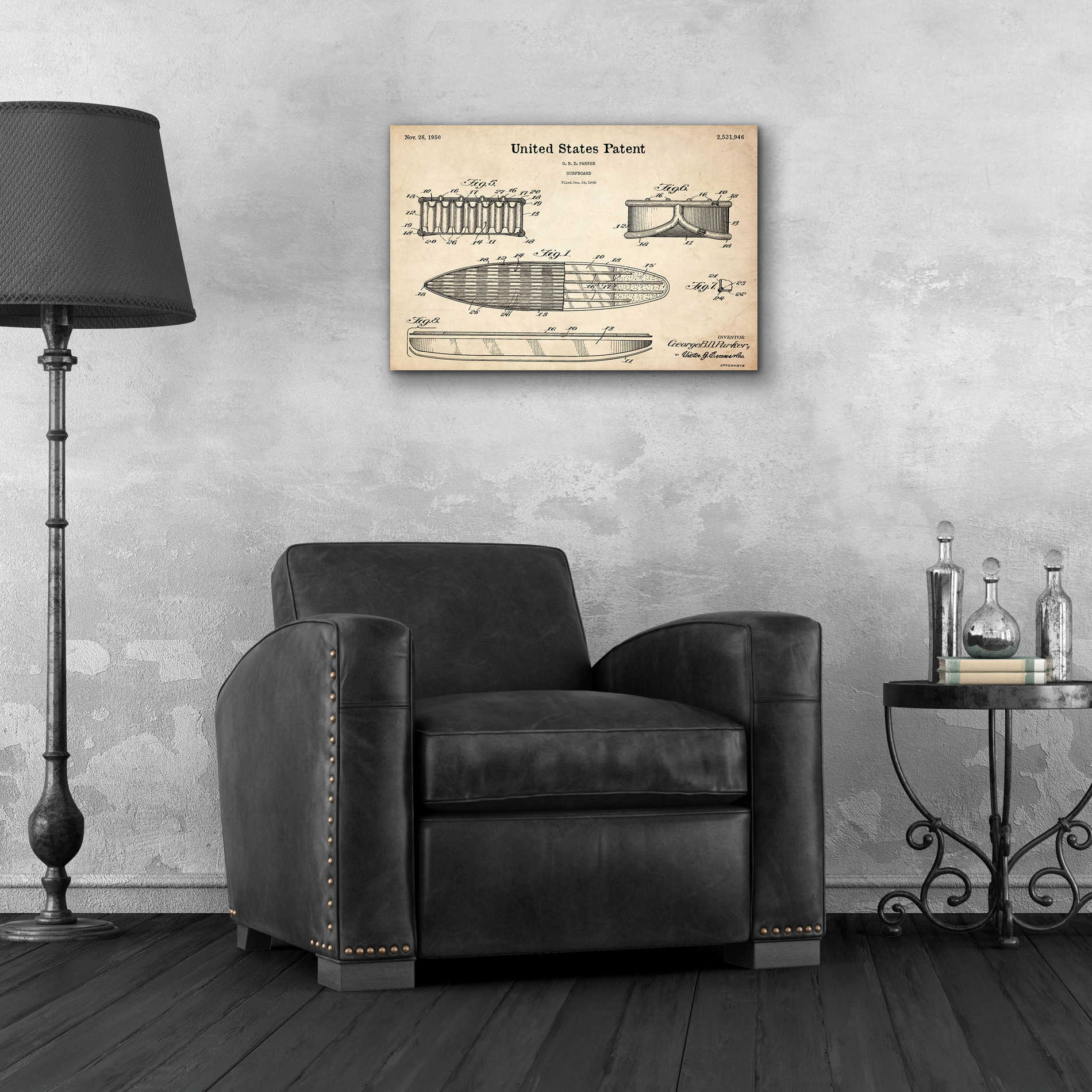 Epic Art 'Surfboard Blueprint Patent Parchment,' Acrylic Glass Wall Art,24x16