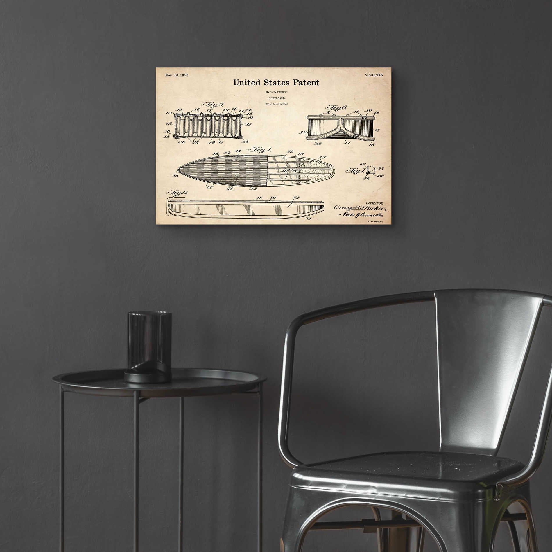 Epic Art 'Surfboard Blueprint Patent Parchment,' Acrylic Glass Wall Art,24x16