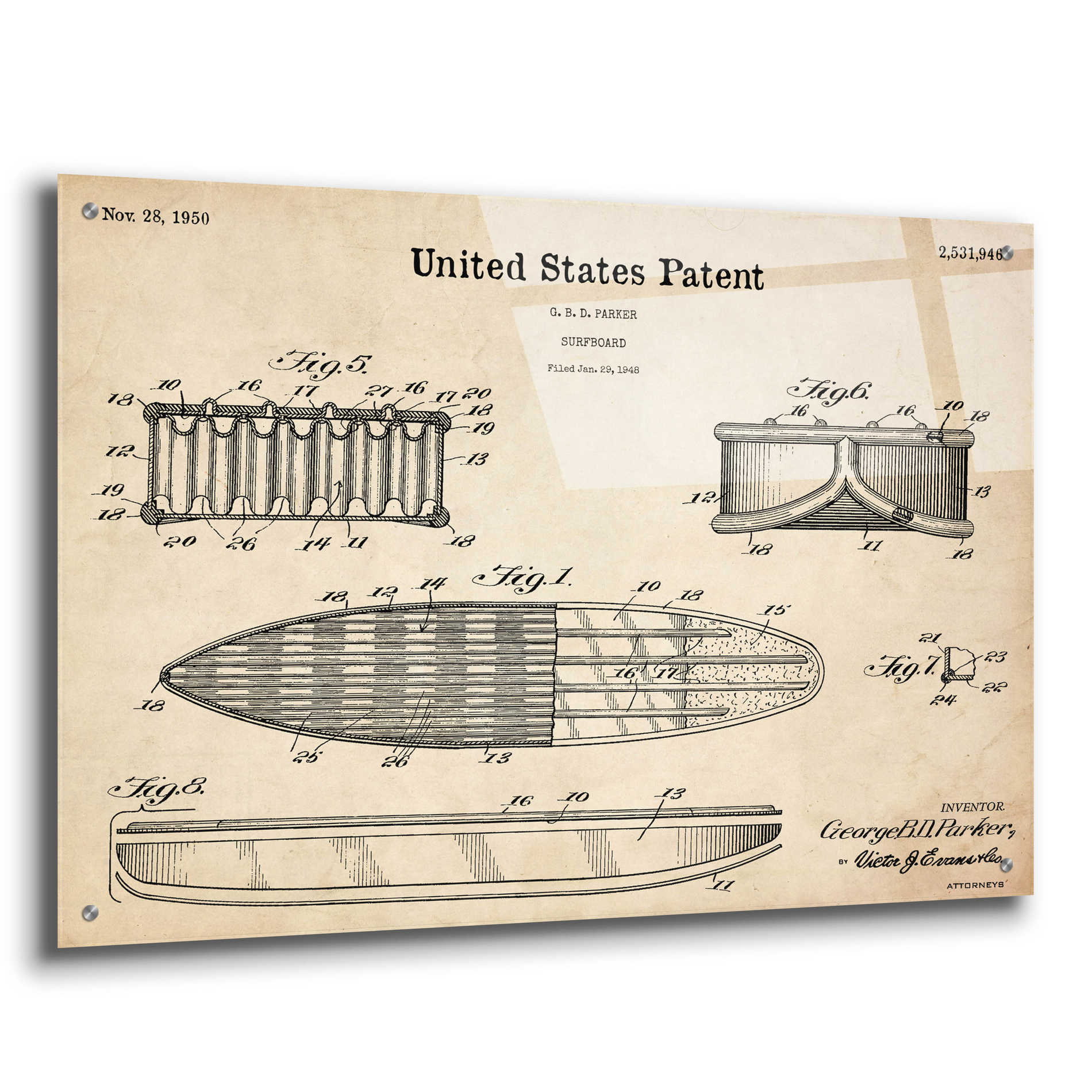 Epic Art 'Surfboard Blueprint Patent Parchment,' Acrylic Glass Wall Art,36x24