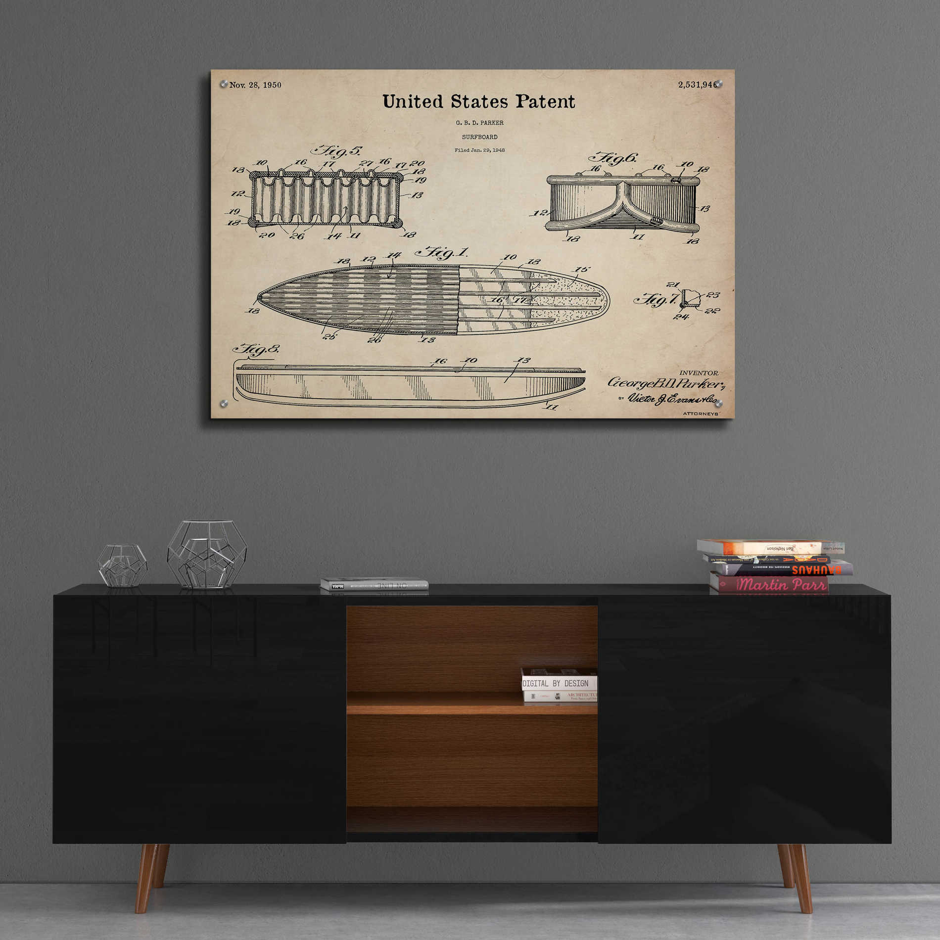 Epic Art 'Surfboard Blueprint Patent Parchment,' Acrylic Glass Wall Art,36x24