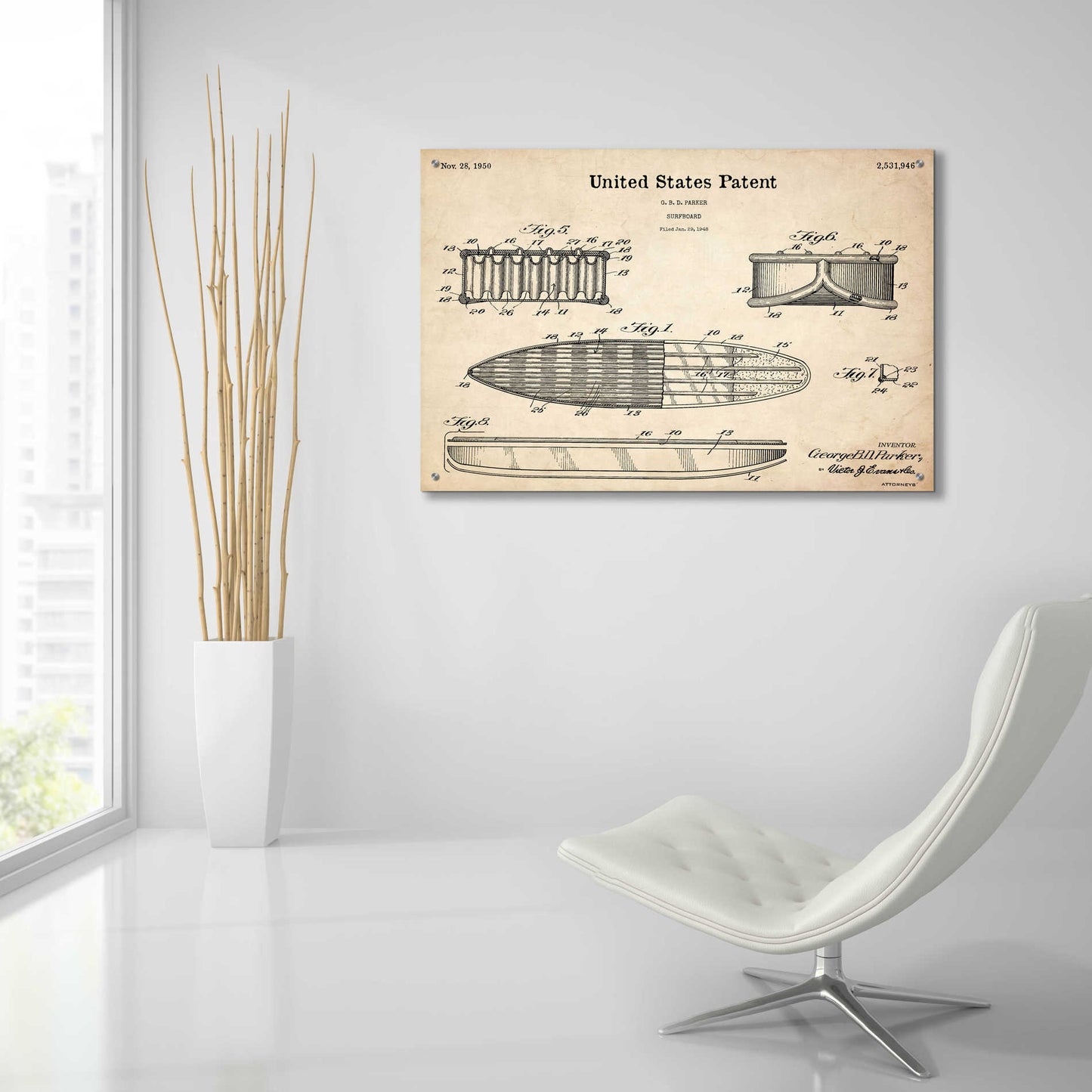 Epic Art 'Surfboard Blueprint Patent Parchment,' Acrylic Glass Wall Art,36x24