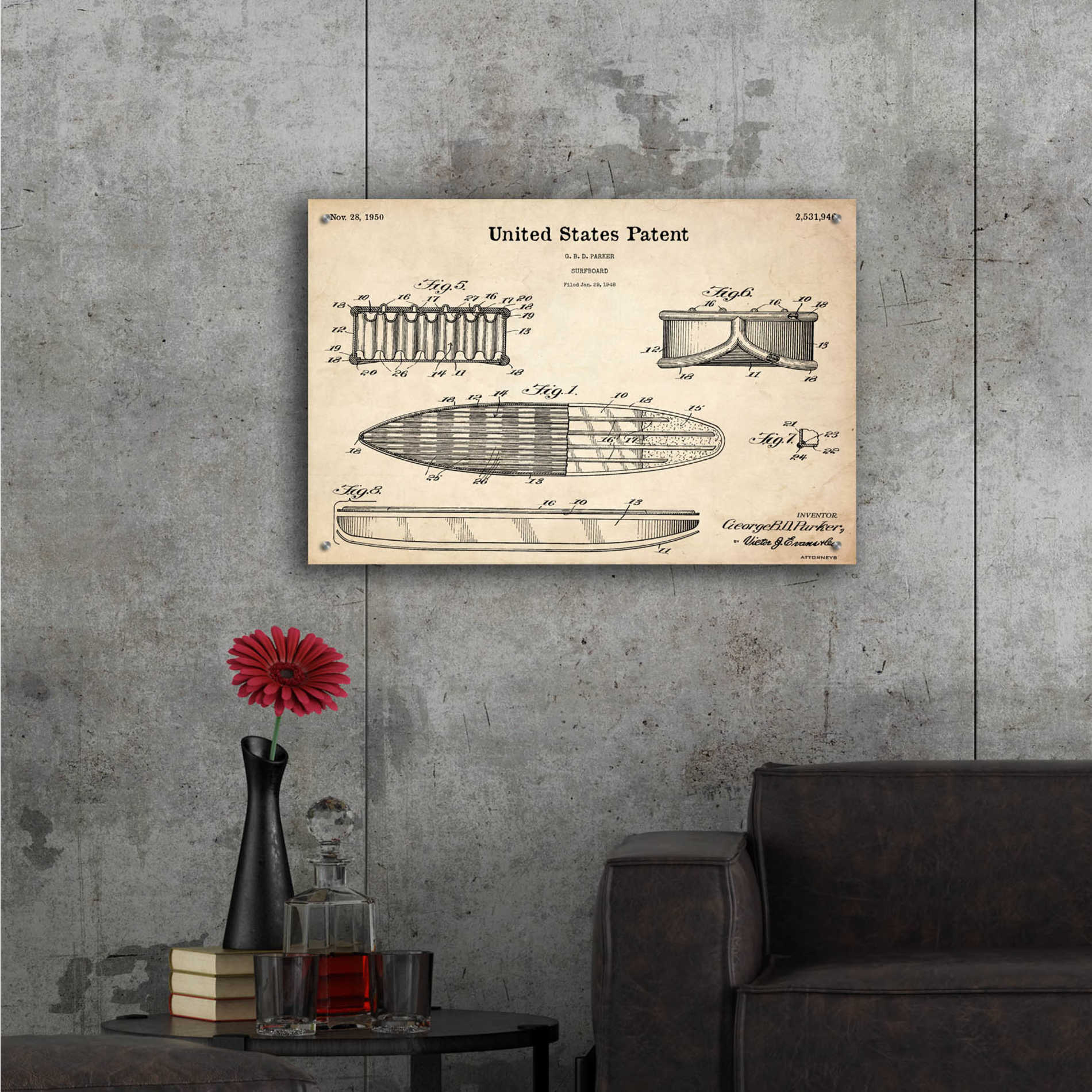 Epic Art 'Surfboard Blueprint Patent Parchment,' Acrylic Glass Wall Art,36x24