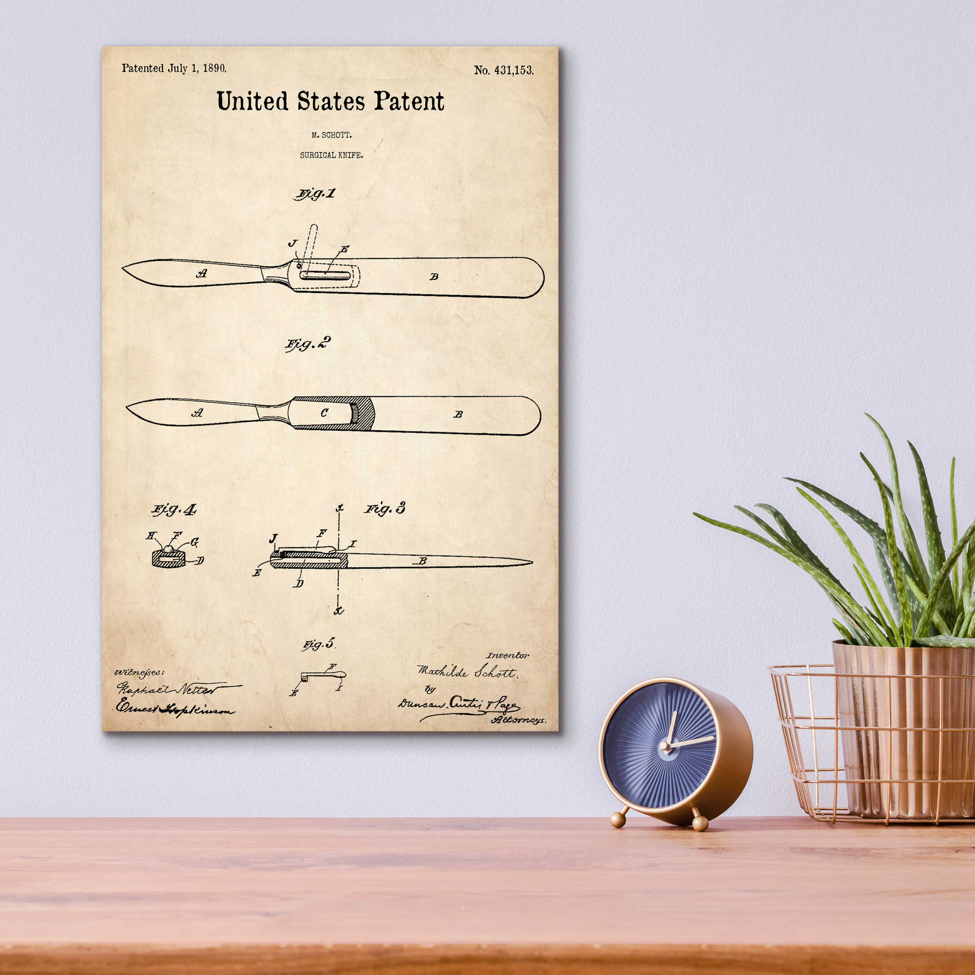 Epic Art 'Surgical Knife Blueprint Patent Parchment,' Acrylic Glass Wall Art,12x16