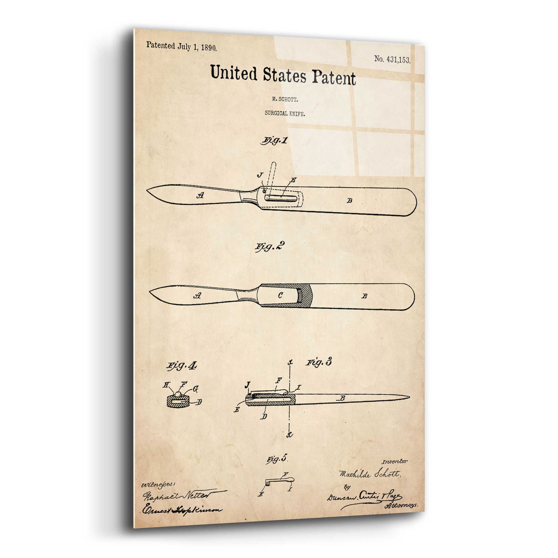 Epic Art 'Surgical Knife Blueprint Patent Parchment,' Acrylic Glass Wall Art,16x24