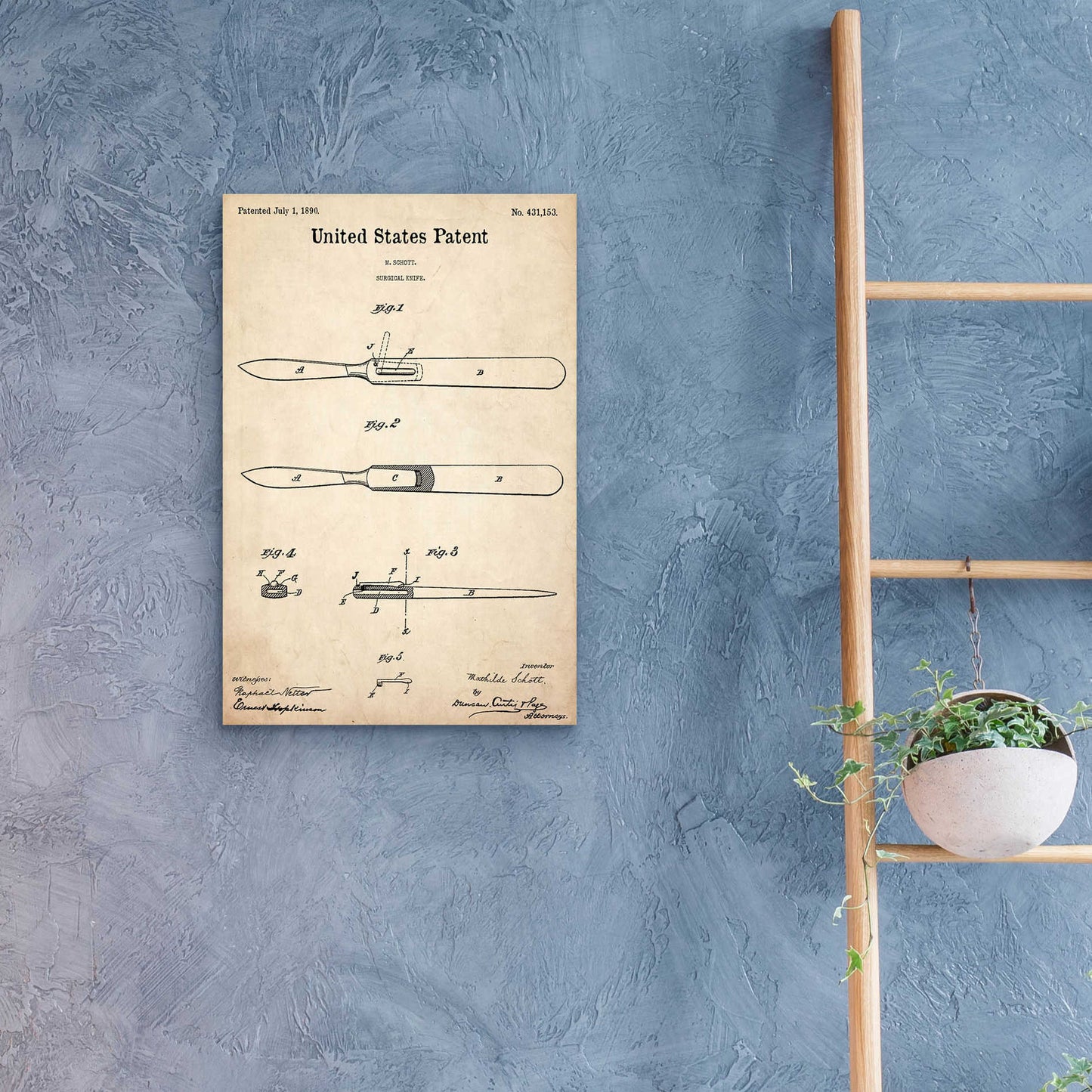 Epic Art 'Surgical Knife Blueprint Patent Parchment,' Acrylic Glass Wall Art,16x24