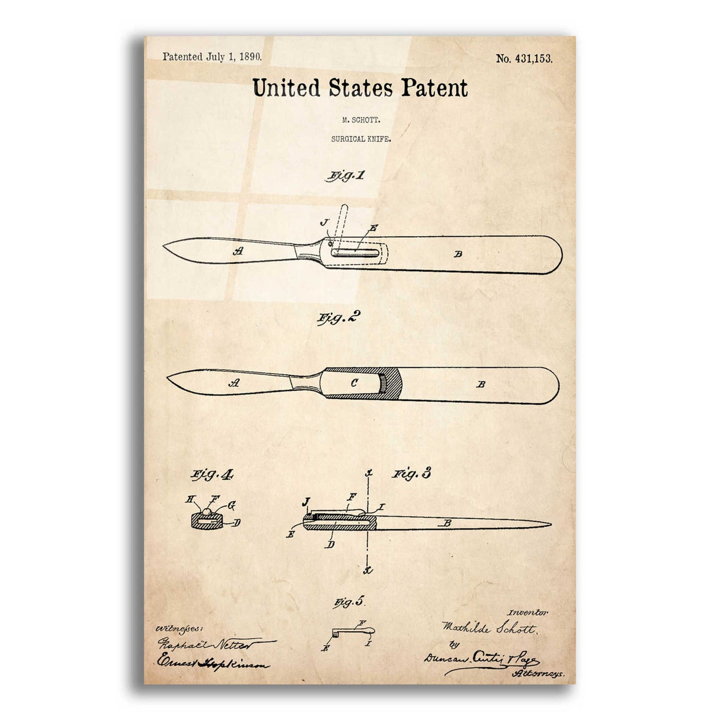 Epic Art 'Surgical Knife Blueprint Patent Parchment,' Acrylic Glass Wall Art,16x24