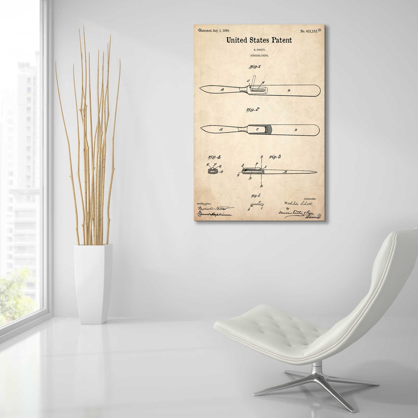 Epic Art 'Surgical Knife Blueprint Patent Parchment,' Acrylic Glass Wall Art,24x36