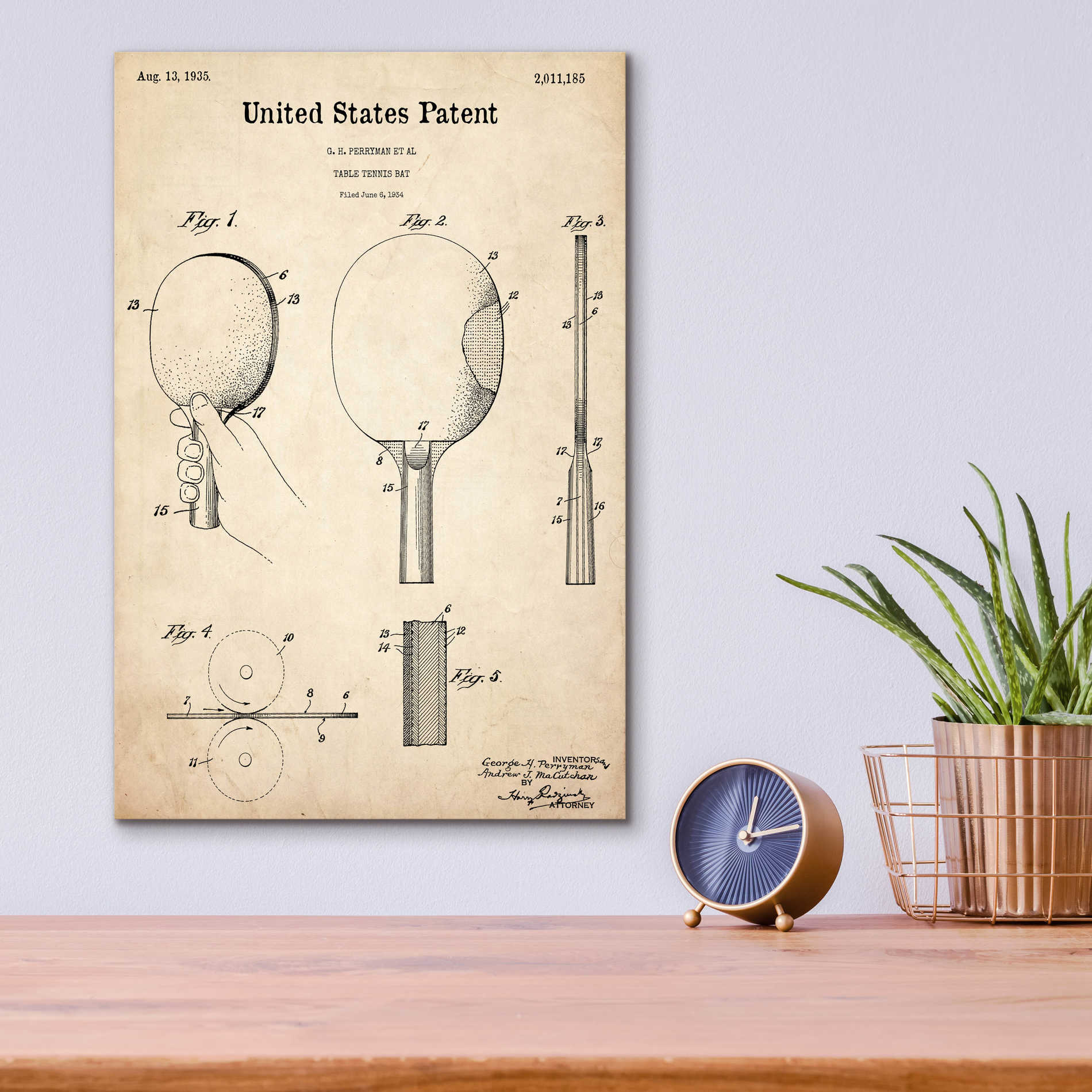 Epic Art 'Table Tennis Paddle Blueprint Patent Parchment,' Acrylic Glass Wall Art,12x16