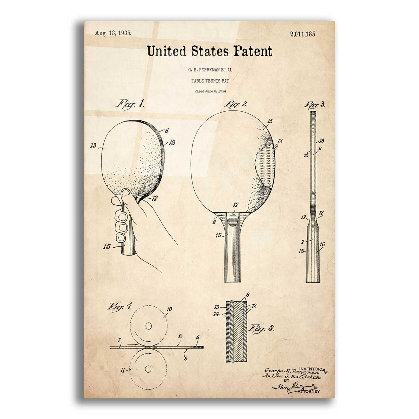 Epic Art 'Table Tennis Paddle Blueprint Patent Parchment,' Acrylic Glass Wall Art,12x16