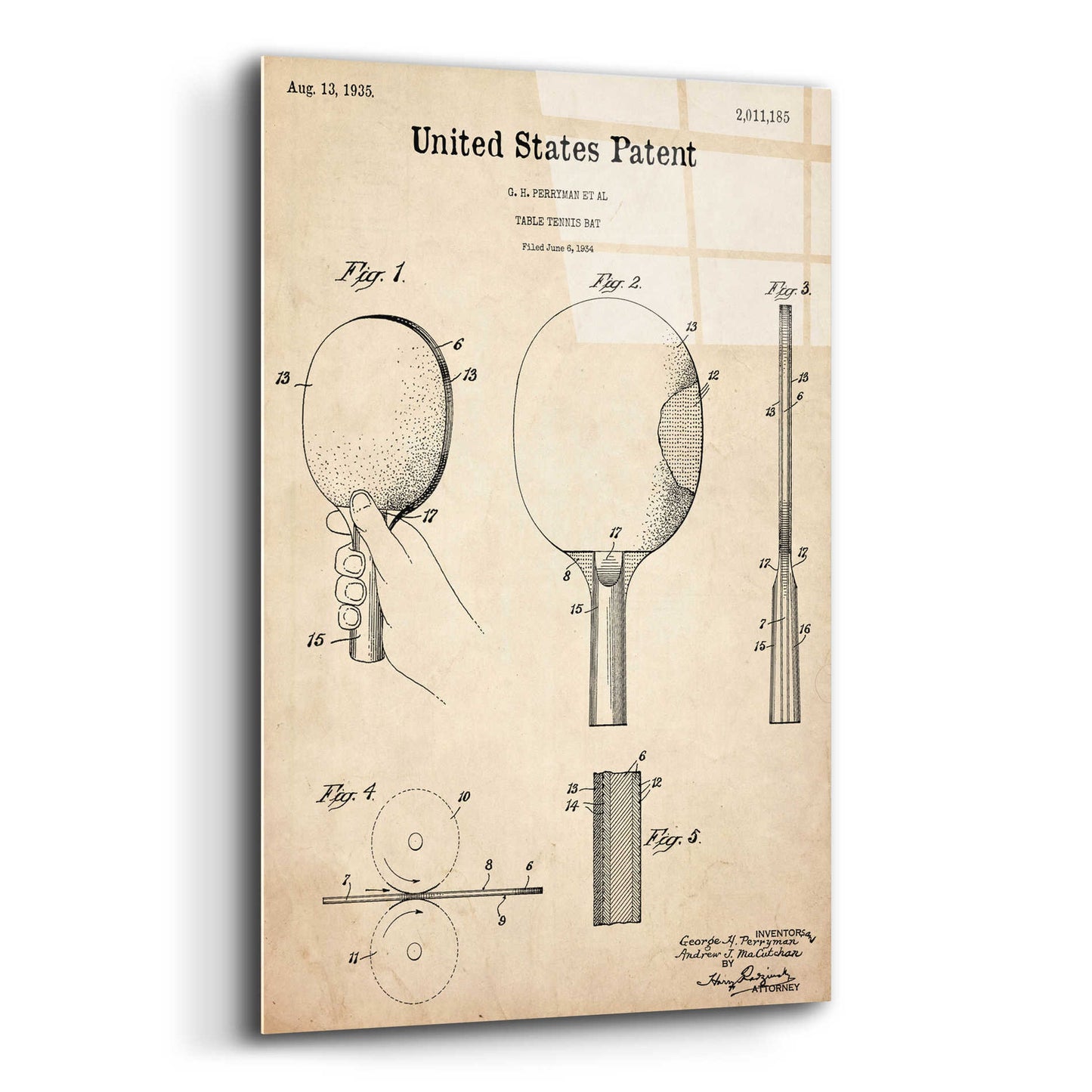 Epic Art 'Table Tennis Paddle Blueprint Patent Parchment,' Acrylic Glass Wall Art,16x24