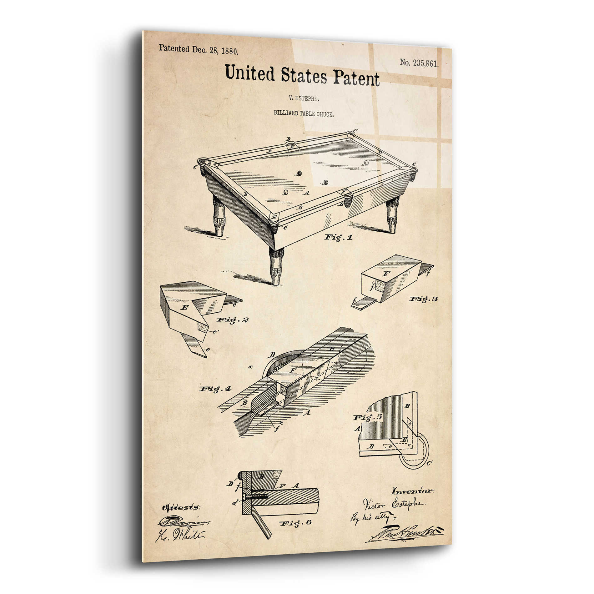 Epic Art 'Pool Table Blueprint Patent Parchment,' Acrylic Glass Wall Art,12x16