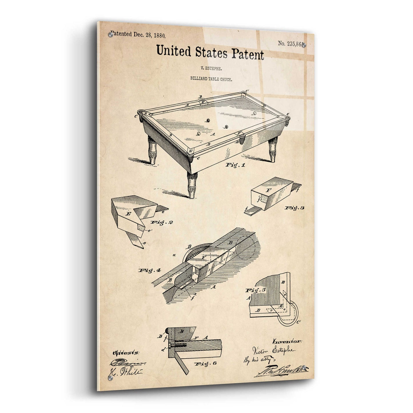 Epic Art 'Pool Table Blueprint Patent Parchment,' Acrylic Glass Wall Art,24x36