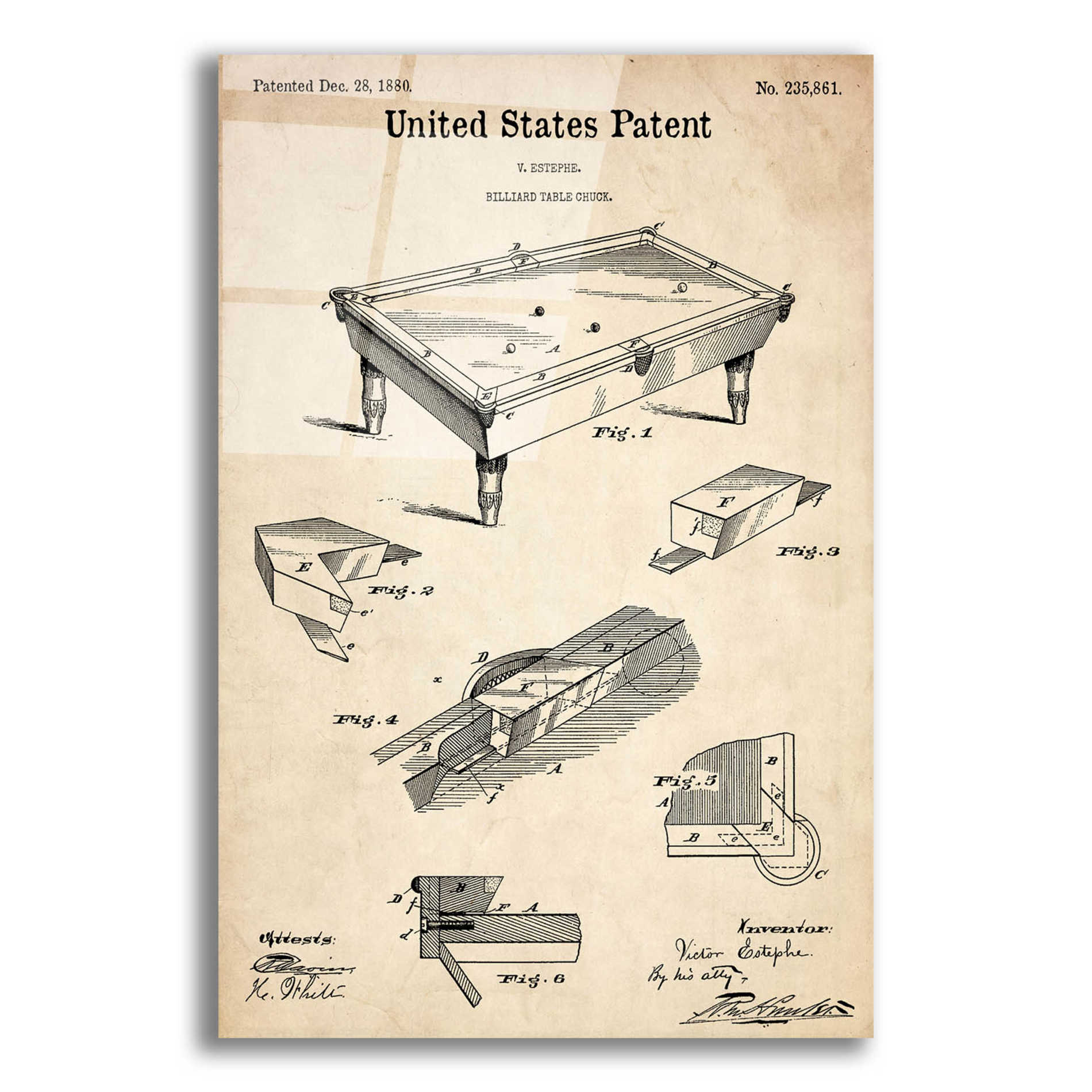 Epic Art 'Pool Table Blueprint Patent Parchment,' Acrylic Glass Wall Art,12x16x1.1x0,18x26x1.1x0,26x34x1.74x0,40x54x1.74x0