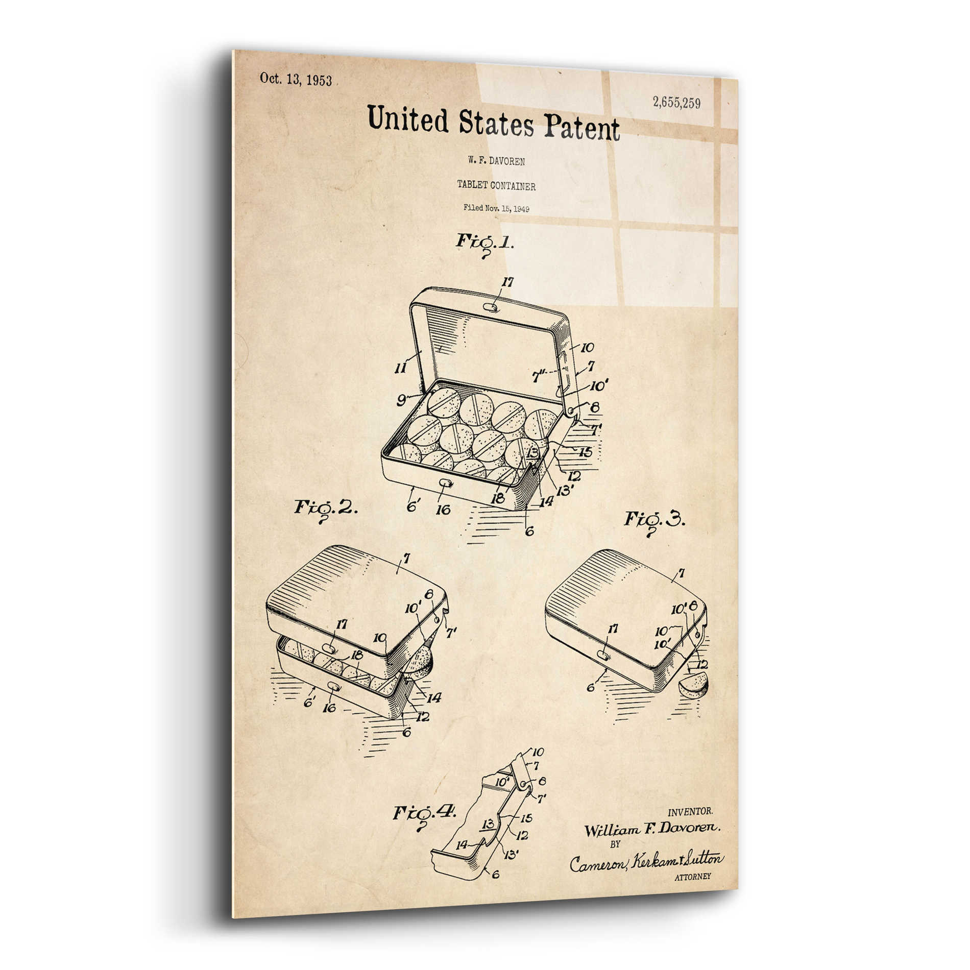 Epic Art 'Pharmacy Tablet Container Blueprint Patent Parchment,' Acrylic Glass Wall Art,12x16