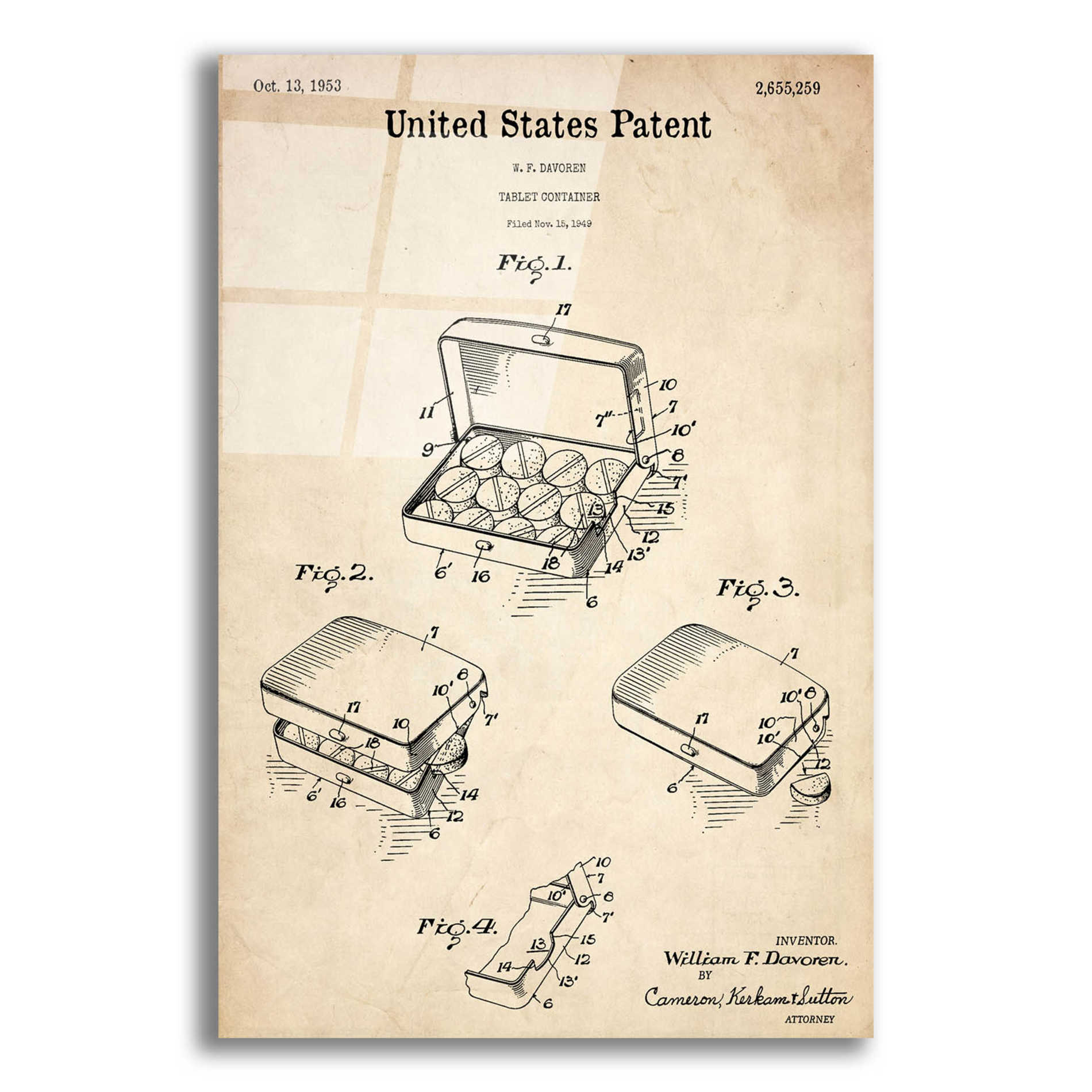 Epic Art 'Pharmacy Tablet Container Blueprint Patent Parchment,' Acrylic Glass Wall Art,12x16