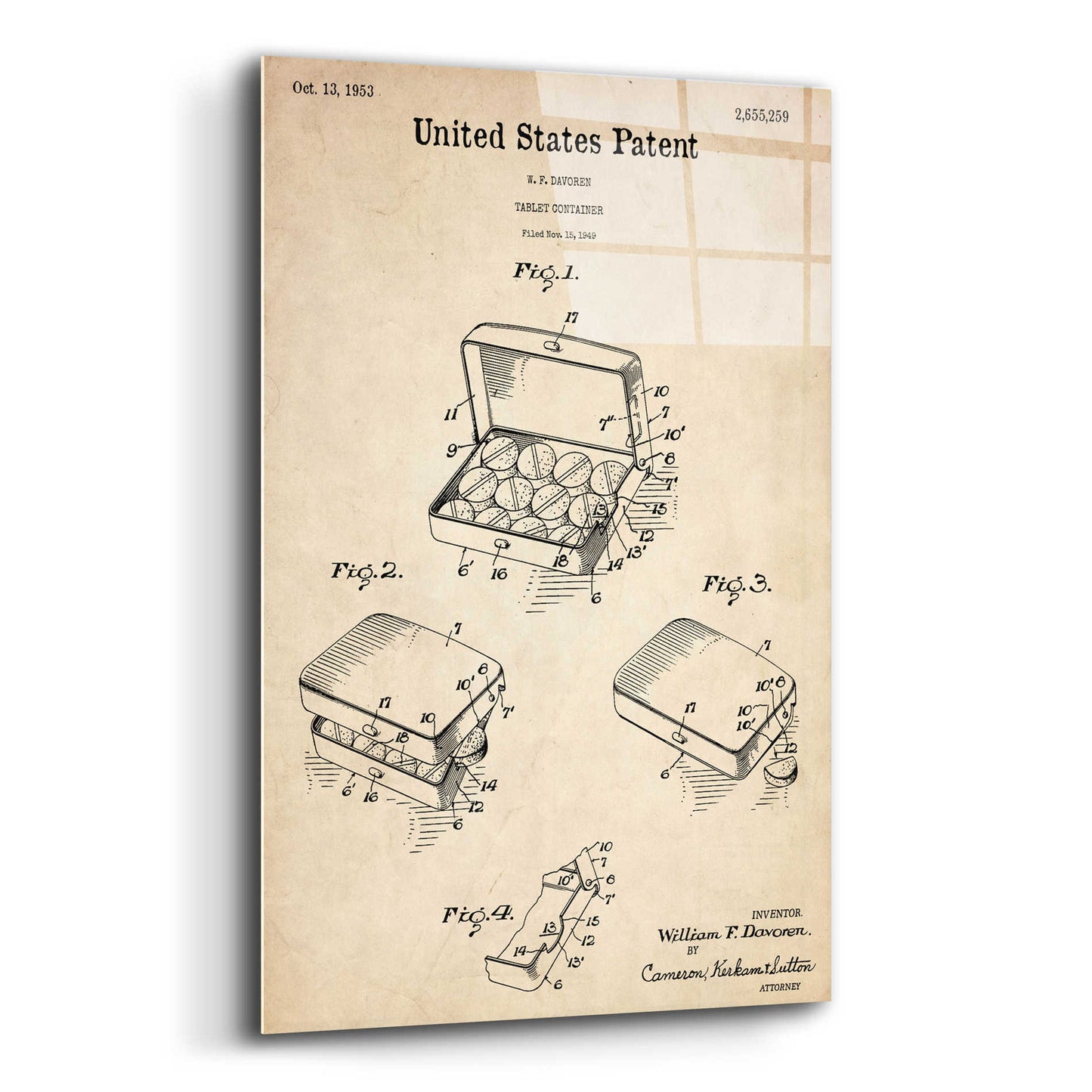 Epic Art 'Pharmacy Tablet Container Blueprint Patent Parchment,' Acrylic Glass Wall Art,16x24