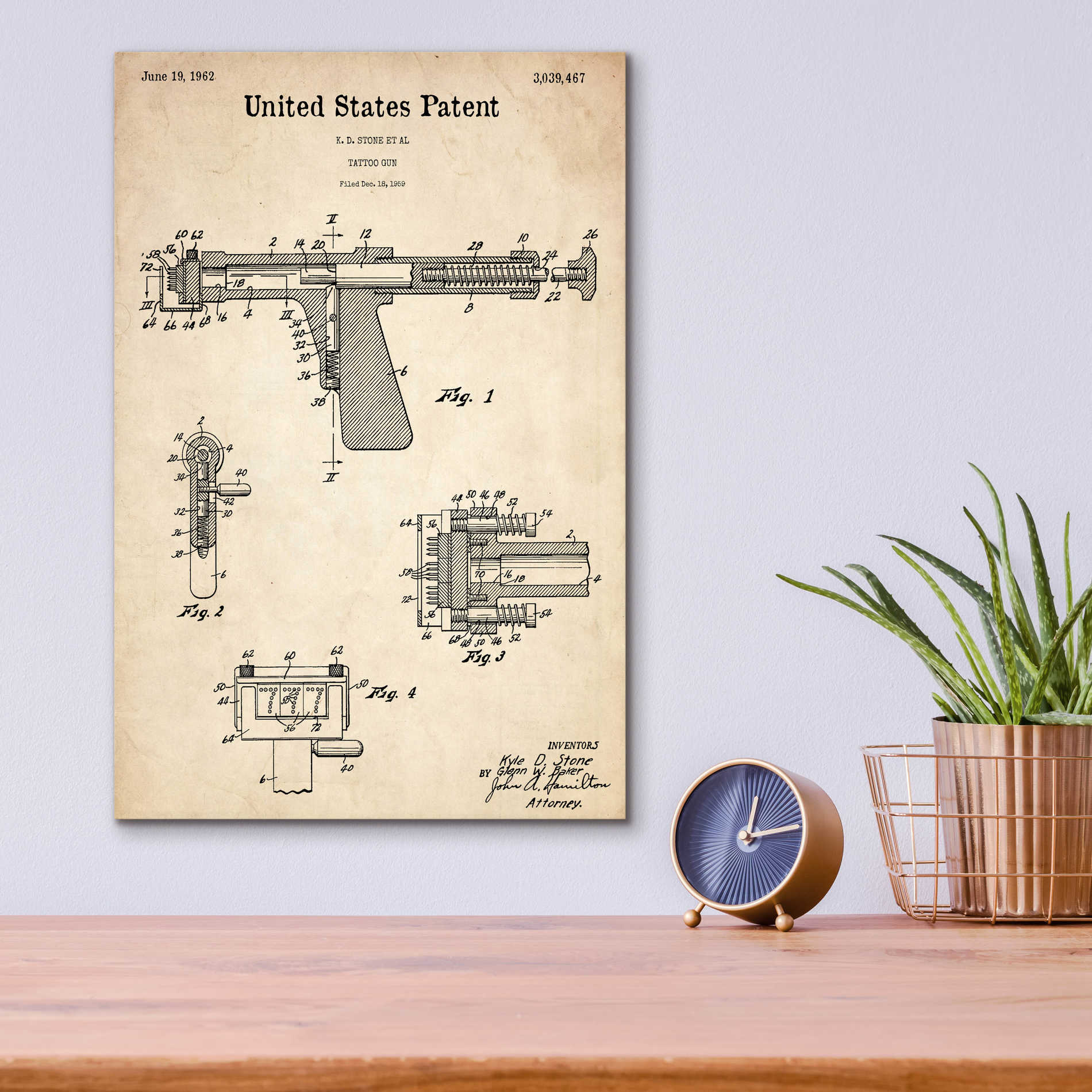 Epic Art 'Tattoo Gun Blueprint Patent Parchment,' Acrylic Glass Wall Art,12x16