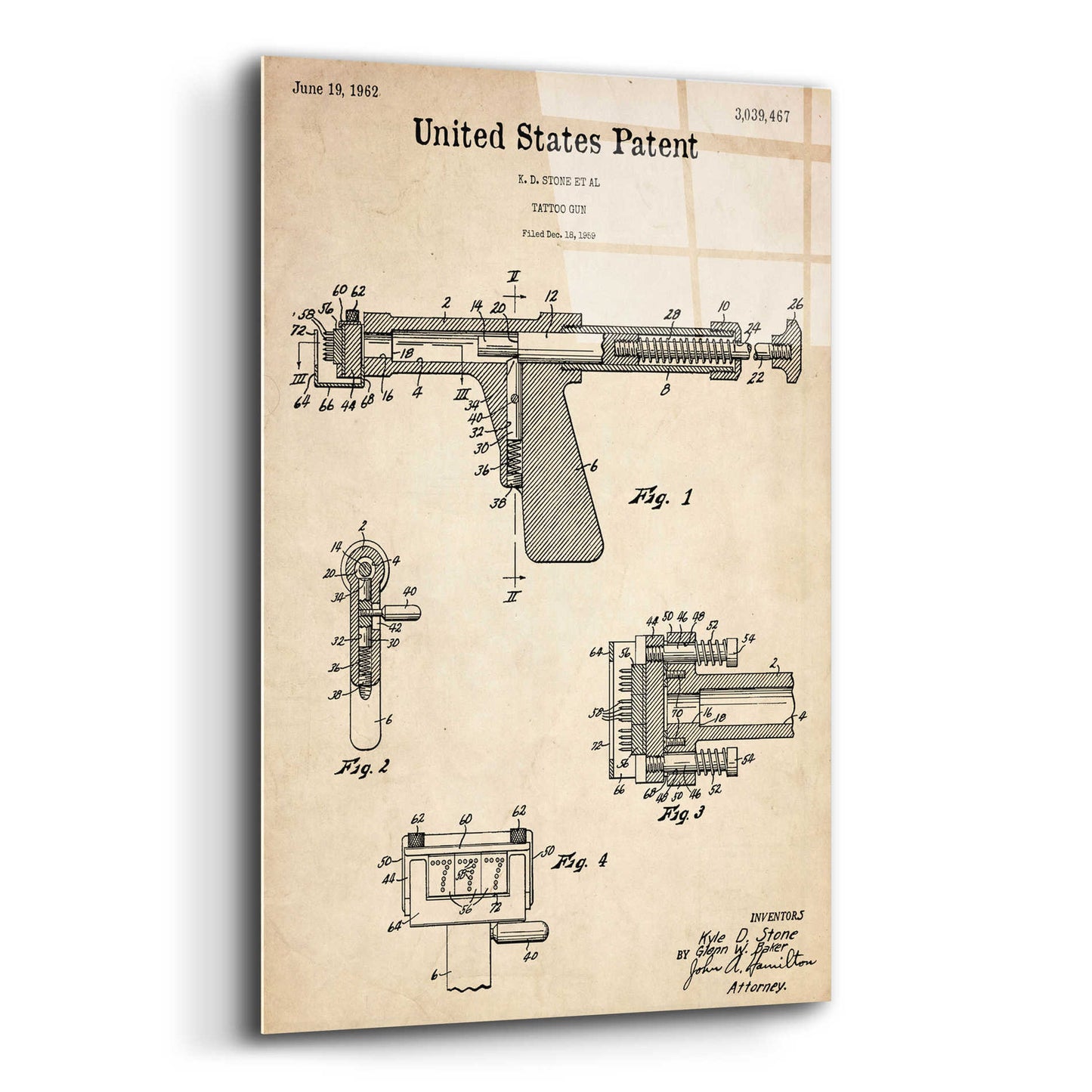 Epic Art 'Tattoo Gun Blueprint Patent Parchment,' Acrylic Glass Wall Art,16x24