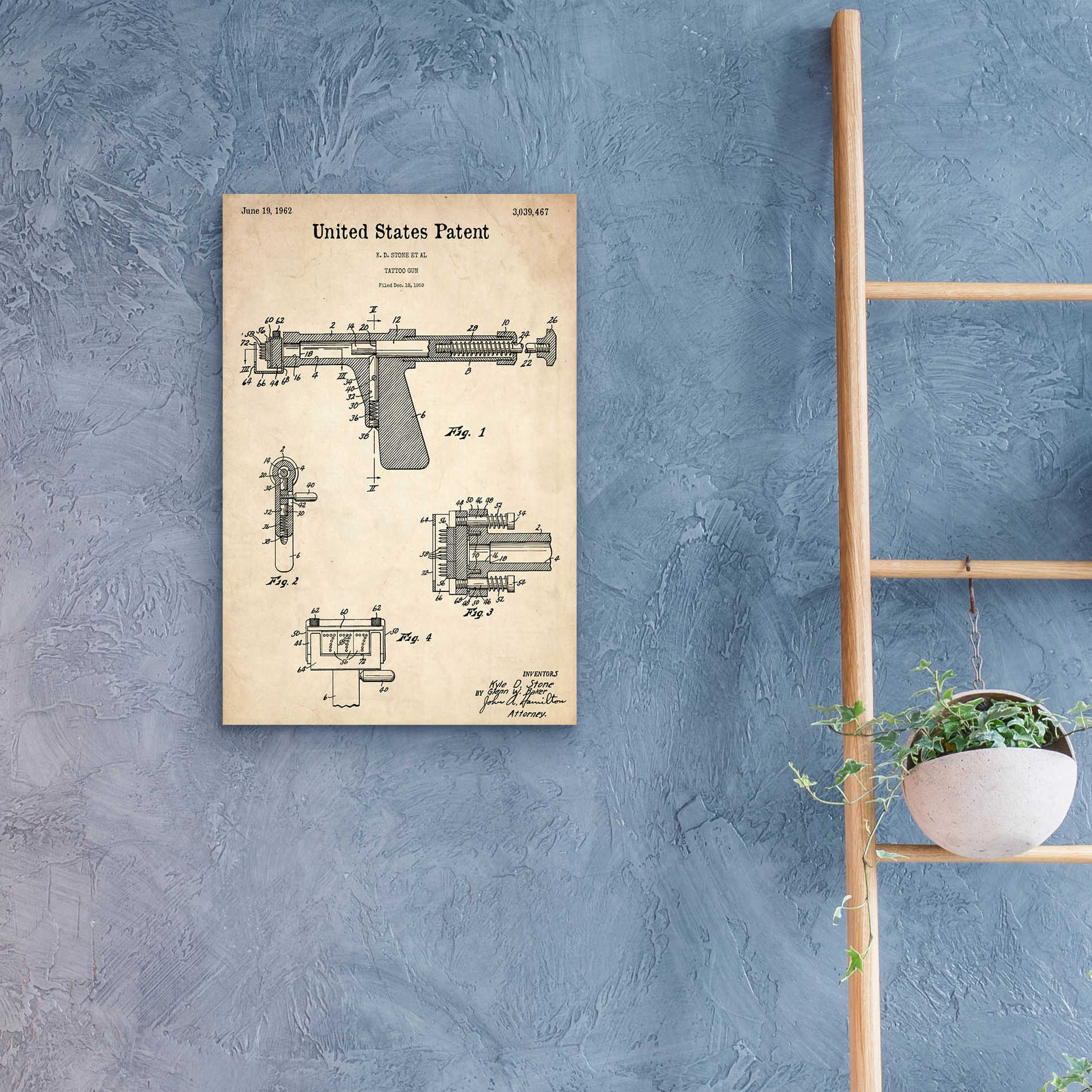 Epic Art 'Tattoo Gun Blueprint Patent Parchment,' Acrylic Glass Wall Art,16x24