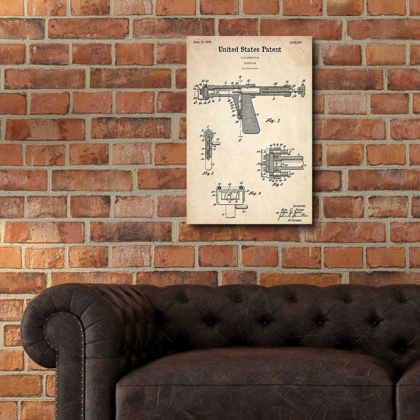 Epic Art 'Tattoo Gun Blueprint Patent Parchment,' Acrylic Glass Wall Art,16x24