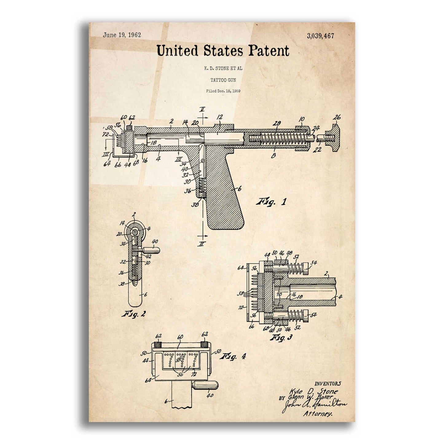 Epic Art 'Tattoo Gun Blueprint Patent Parchment,' Acrylic Glass Wall Art,16x24