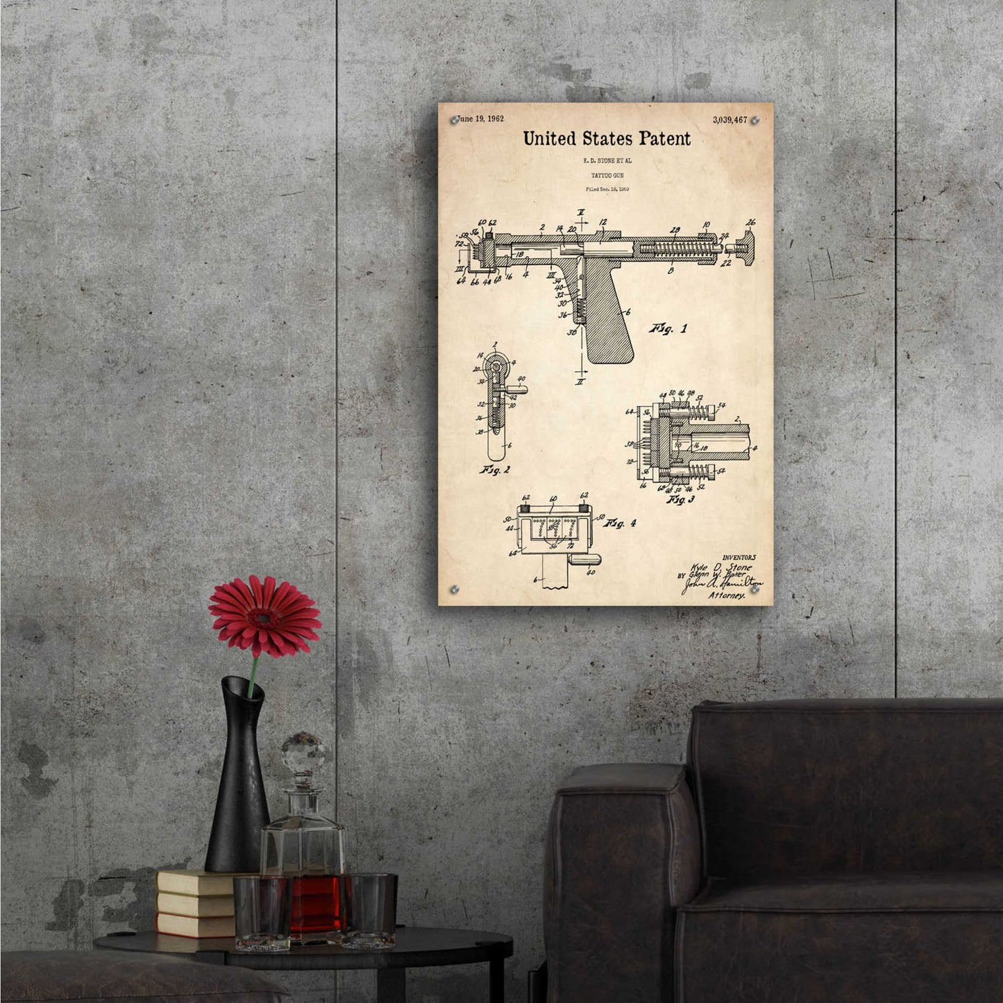 Epic Art 'Tattoo Gun Blueprint Patent Parchment,' Acrylic Glass Wall Art,24x36