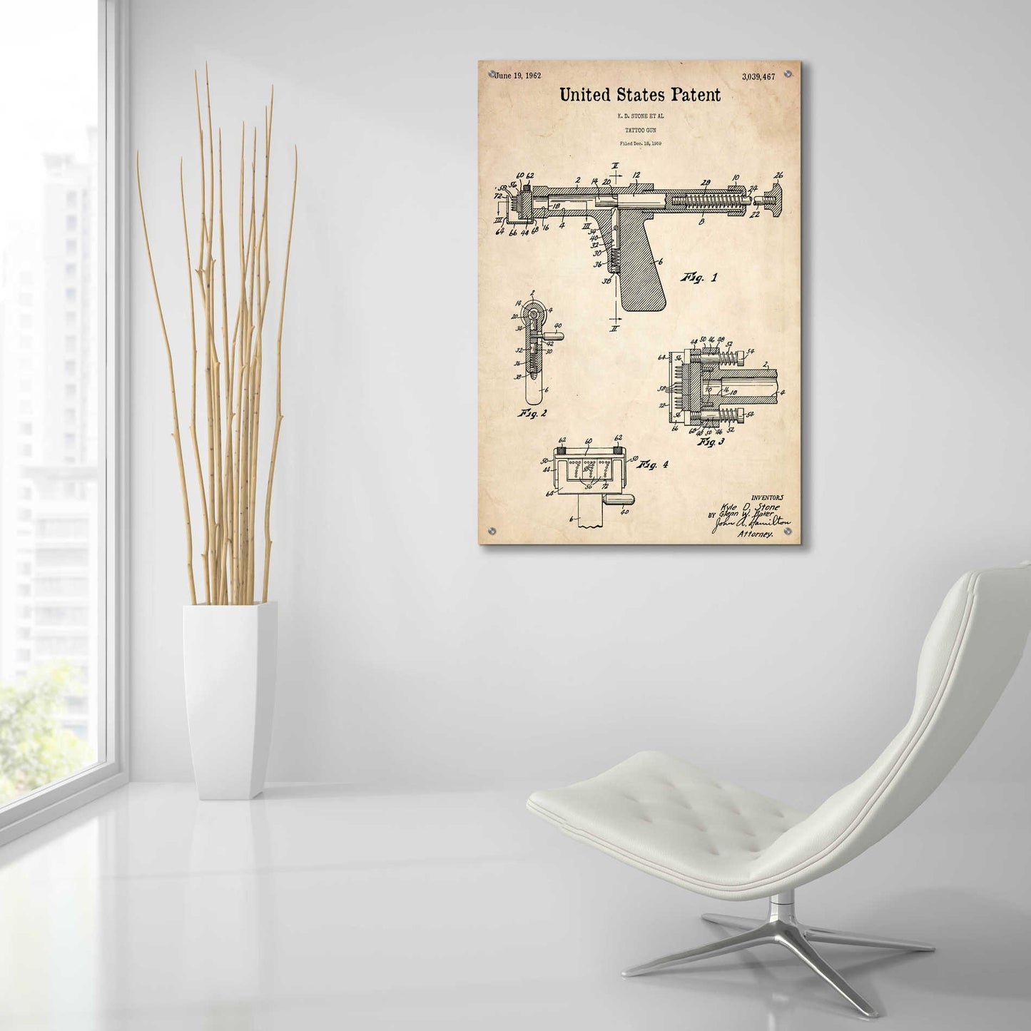 Epic Art 'Tattoo Gun Blueprint Patent Parchment,' Acrylic Glass Wall Art,24x36