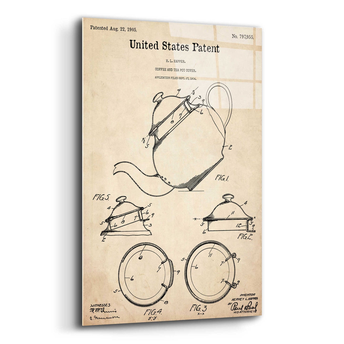 Epic Art 'Tea Pot Cover Blueprint Patent Parchment,' Acrylic Glass Wall Art,16x24