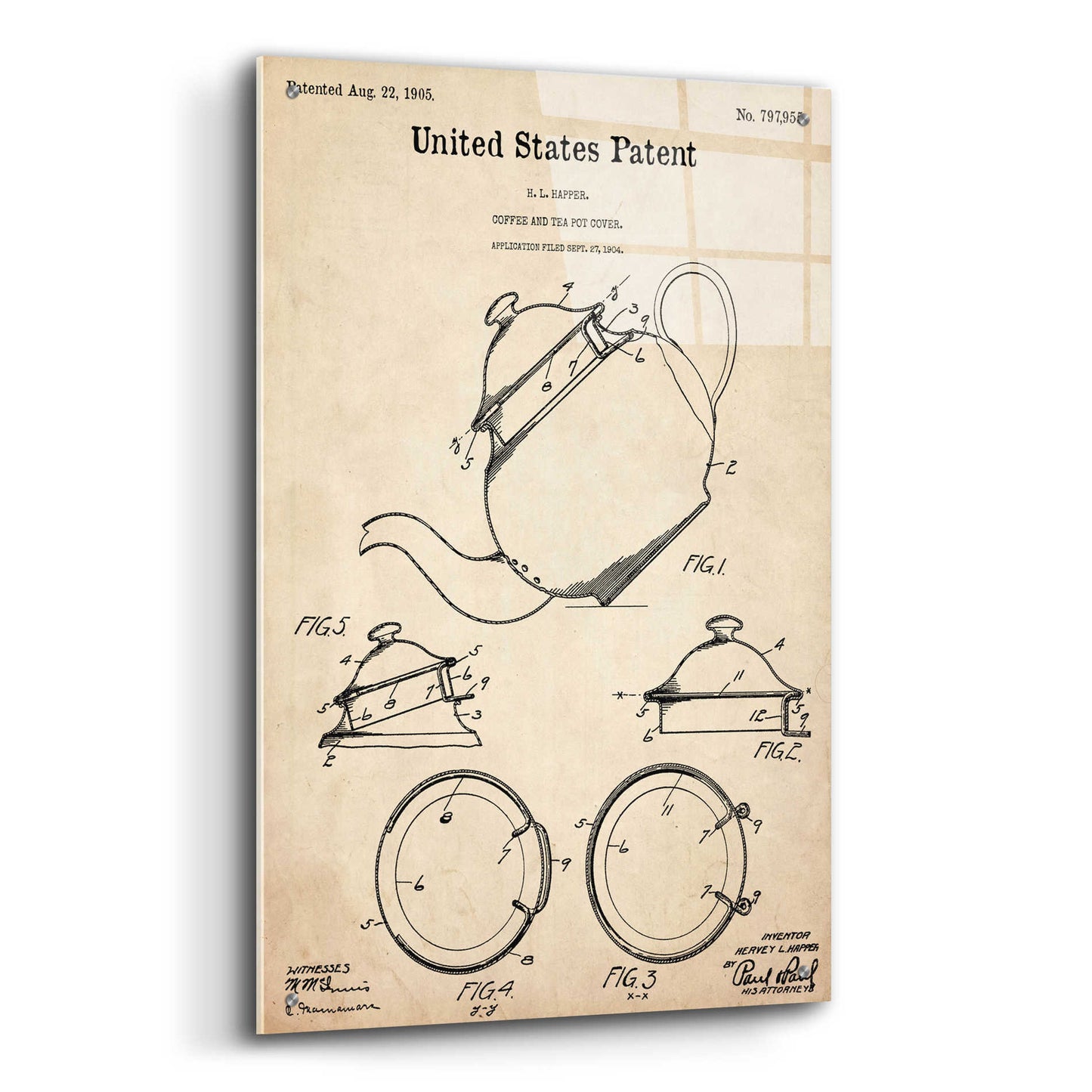 Epic Art 'Tea Pot Cover Blueprint Patent Parchment,' Acrylic Glass Wall Art,24x36