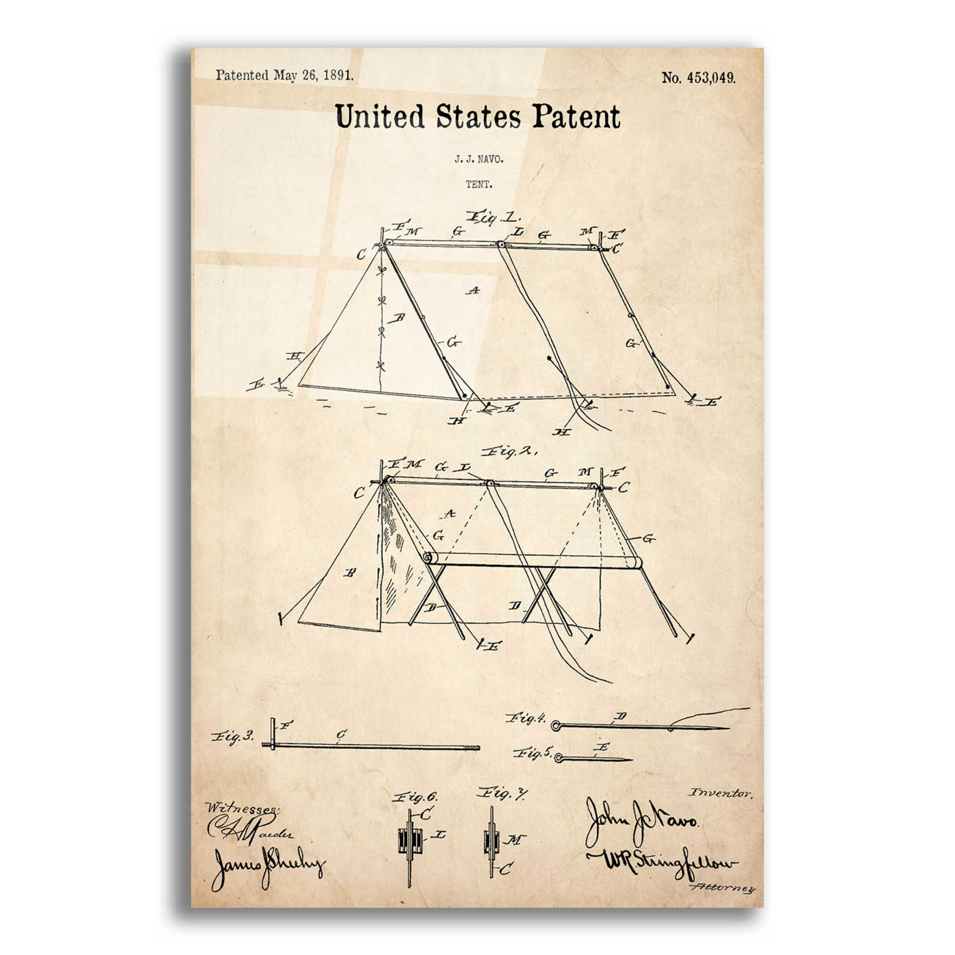 Epic Art 'Tent Blueprint Patent Parchment,' Acrylic Glass Wall Art,12x16x1.1x0,18x26x1.1x0,26x34x1.74x0,40x54x1.74x0