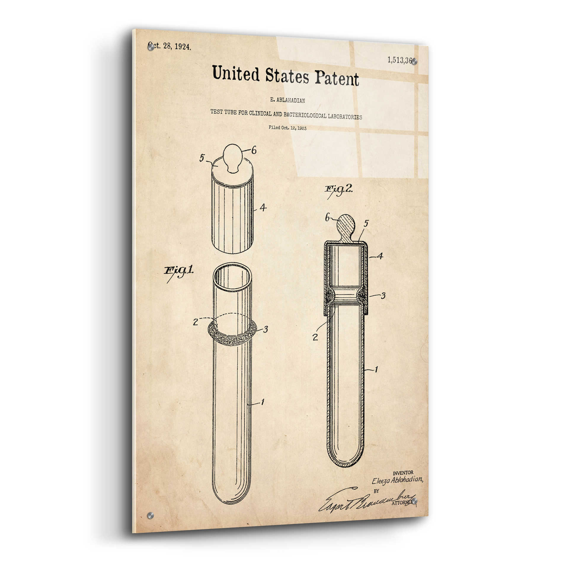 Epic Art 'Test Tube Blueprint Patent Parchment,' Acrylic Glass Wall Art,24x36