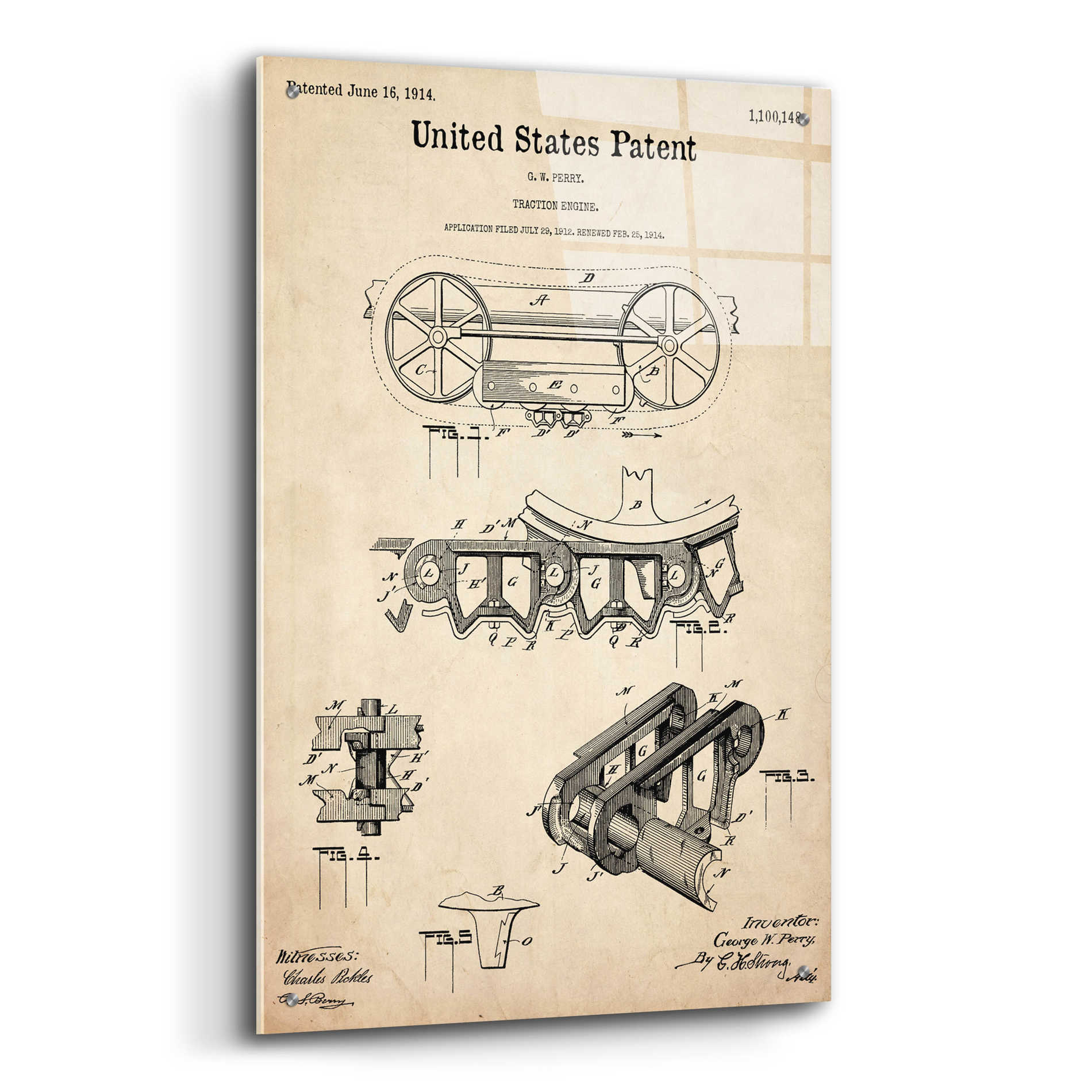 Epic Art 'Traction Engine Blueprint Patent Parchment,' Acrylic Glass Wall Art,24x36