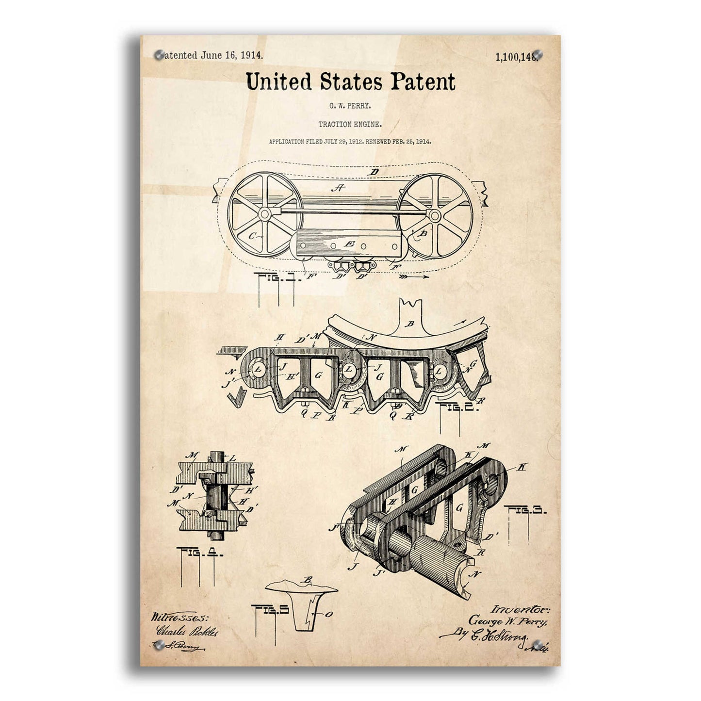 Epic Art 'Traction Engine Blueprint Patent Parchment,' Acrylic Glass Wall Art,24x36