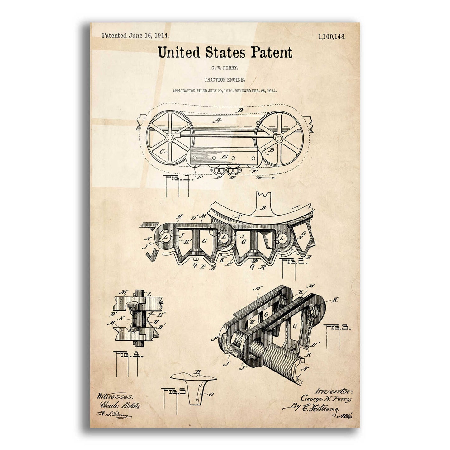 Epic Art 'Traction Engine Blueprint Patent Parchment,' Acrylic Glass Wall Art,12x16x1.1x0,18x26x1.1x0,26x34x1.74x0,40x54x1.74x0