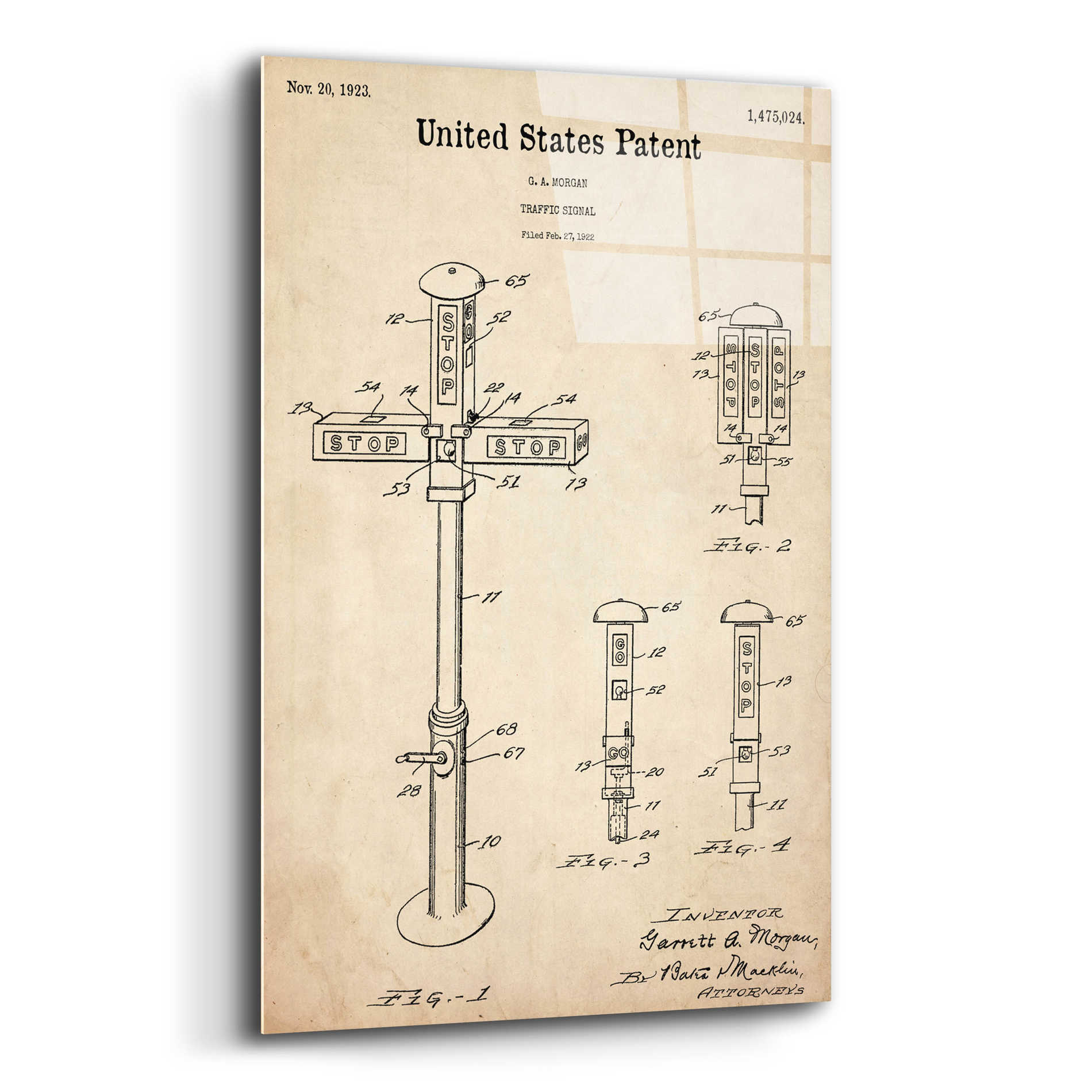 Epic Art 'Vintage Traffic Signal Blueprint Patent Parchment,' Acrylic Glass Wall Art,12x16