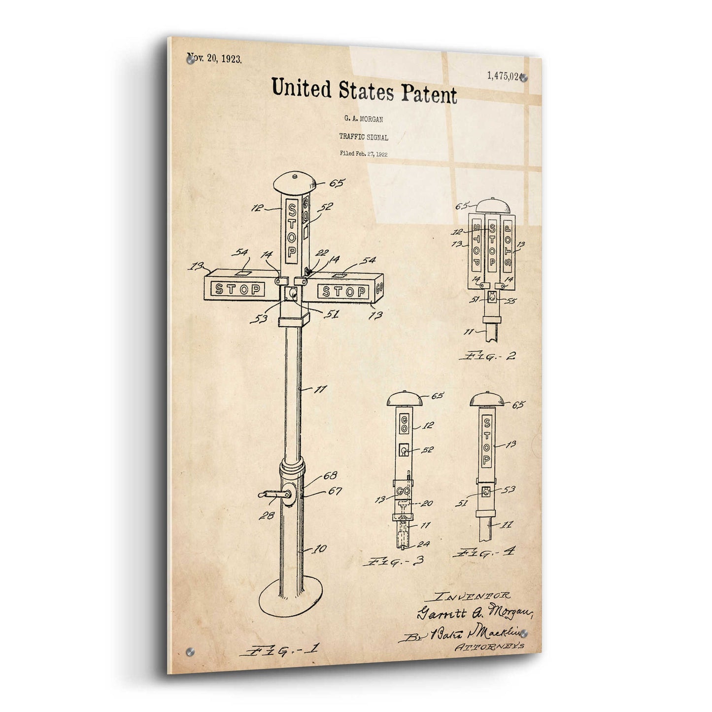 Epic Art 'Vintage Traffic Signal Blueprint Patent Parchment,' Acrylic Glass Wall Art,24x36