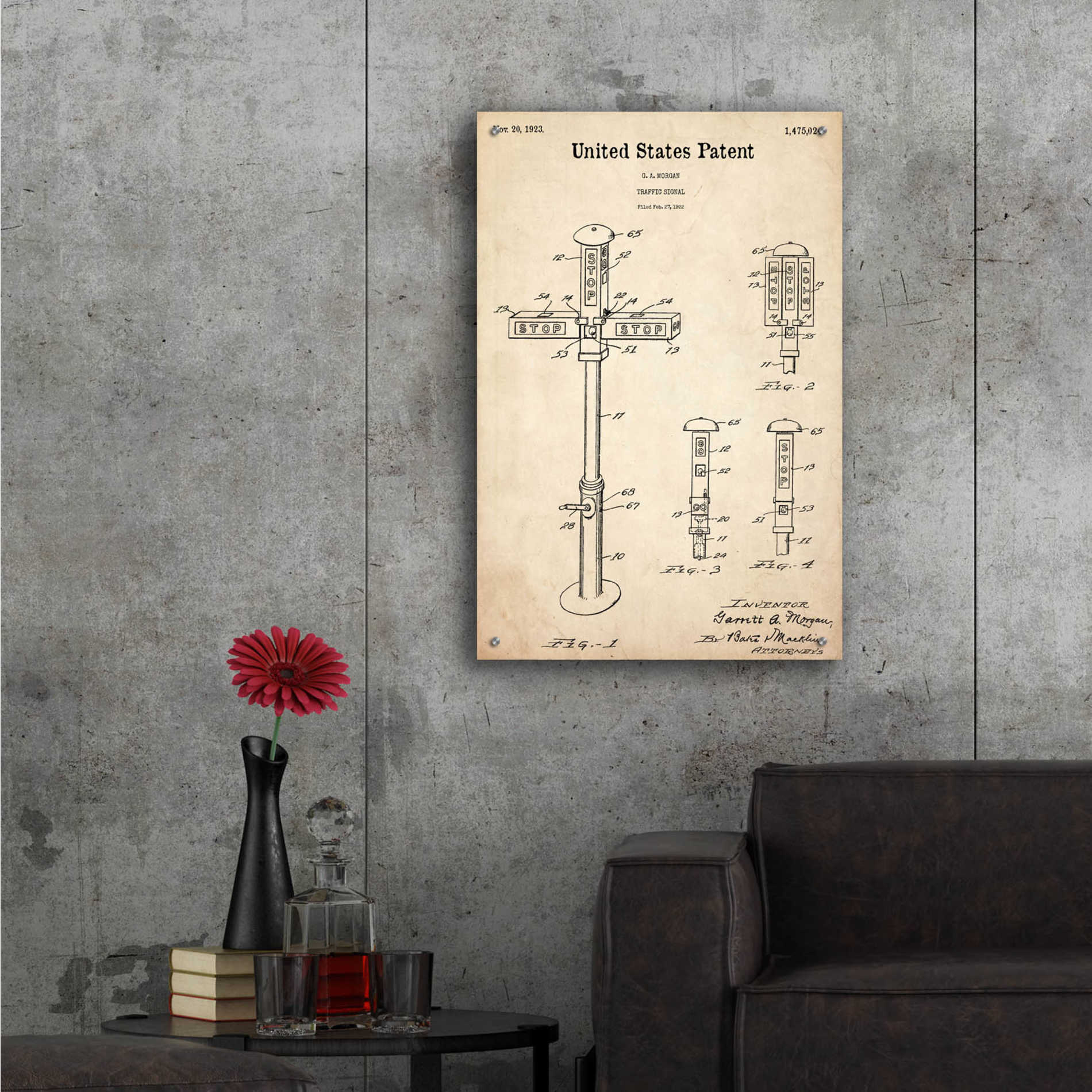 Epic Art 'Vintage Traffic Signal Blueprint Patent Parchment,' Acrylic Glass Wall Art,24x36