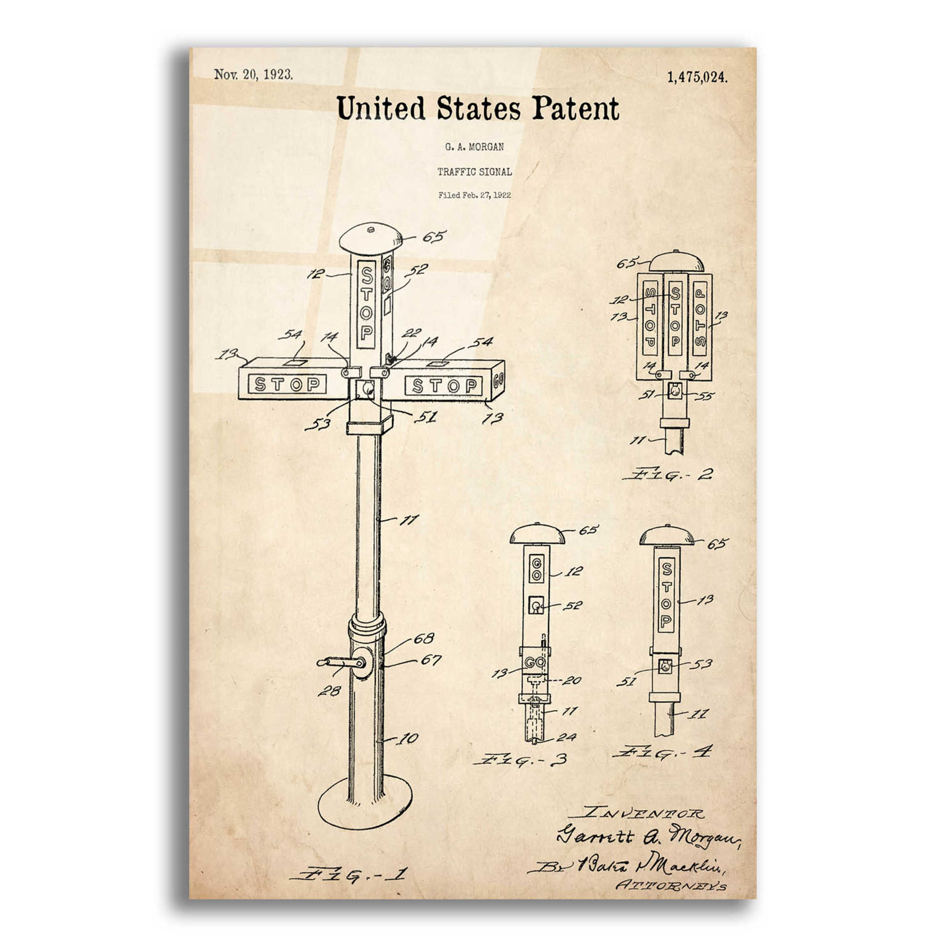 Epic Art 'Vintage Traffic Signal Blueprint Patent Parchment,' Acrylic Glass Wall Art,12x16x1.1x0,18x26x1.1x0,26x34x1.74x0,40x54x1.74x0