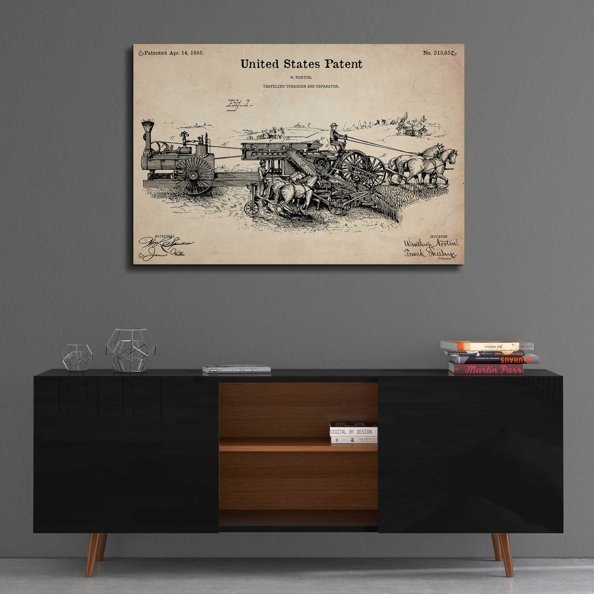 Epic Art 'Traveling Thrasher Blueprint Patent Parchment,' Acrylic Glass Wall Art,36x24