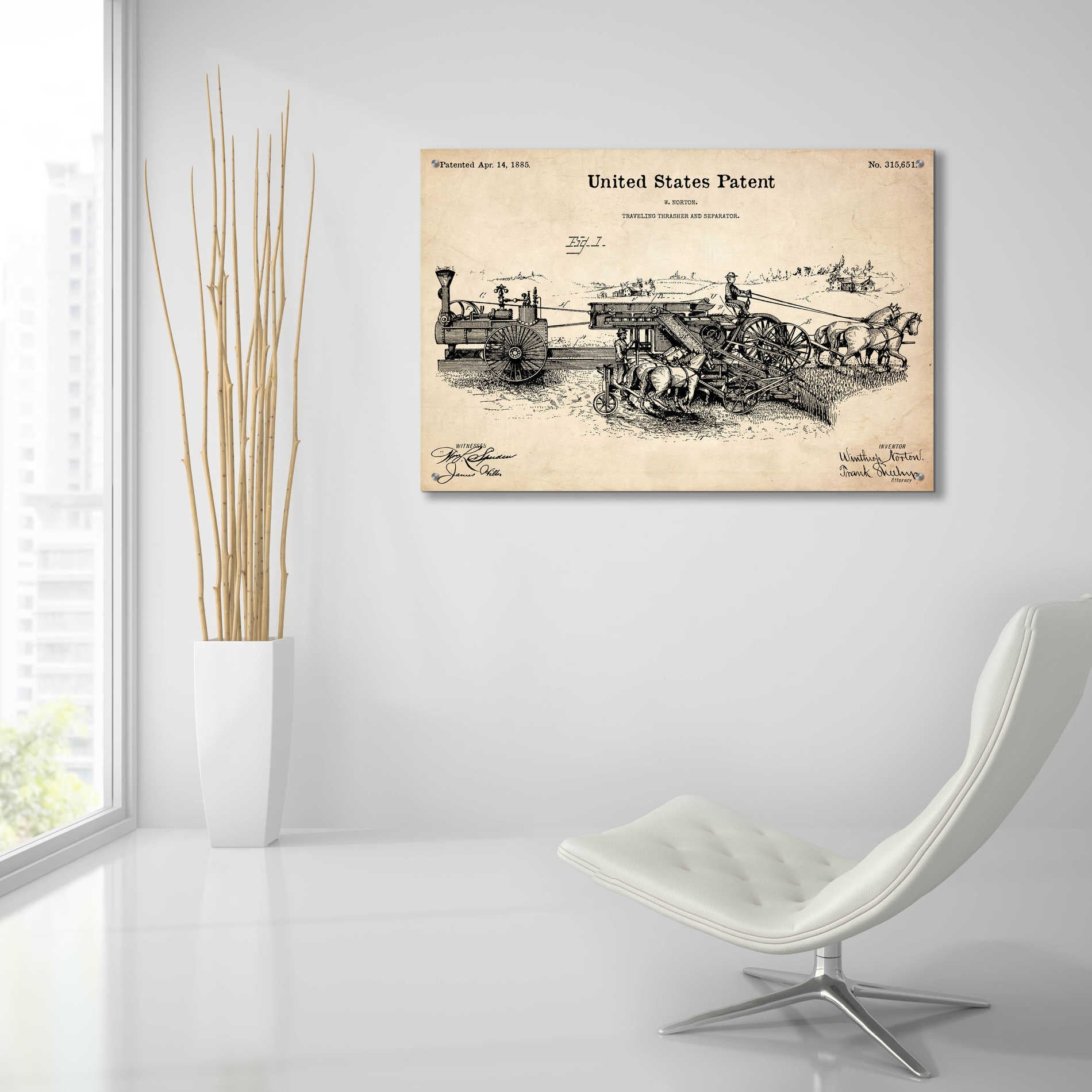 Epic Art 'Traveling Thrasher Blueprint Patent Parchment,' Acrylic Glass Wall Art,36x24