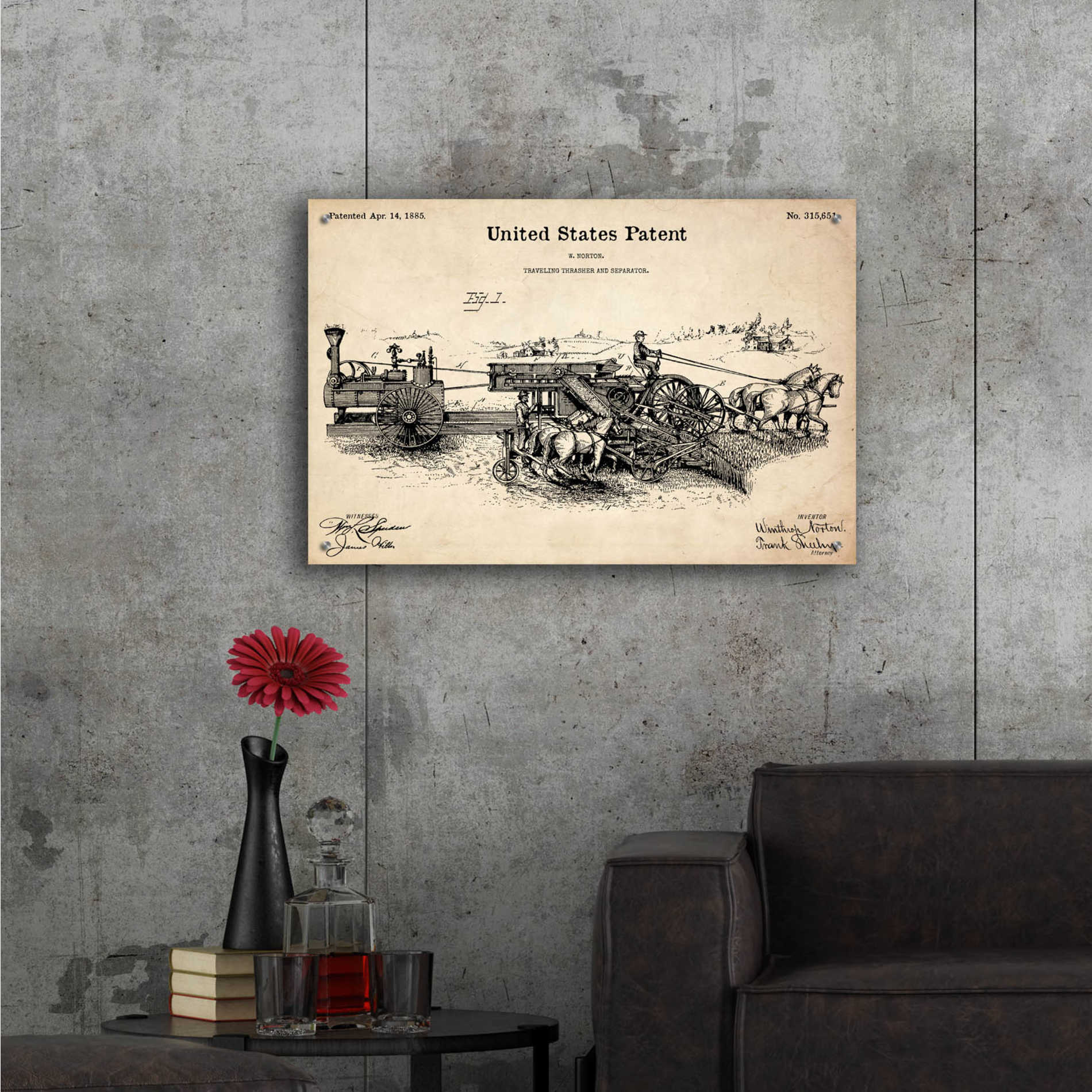 Epic Art 'Traveling Thrasher Blueprint Patent Parchment,' Acrylic Glass Wall Art,36x24